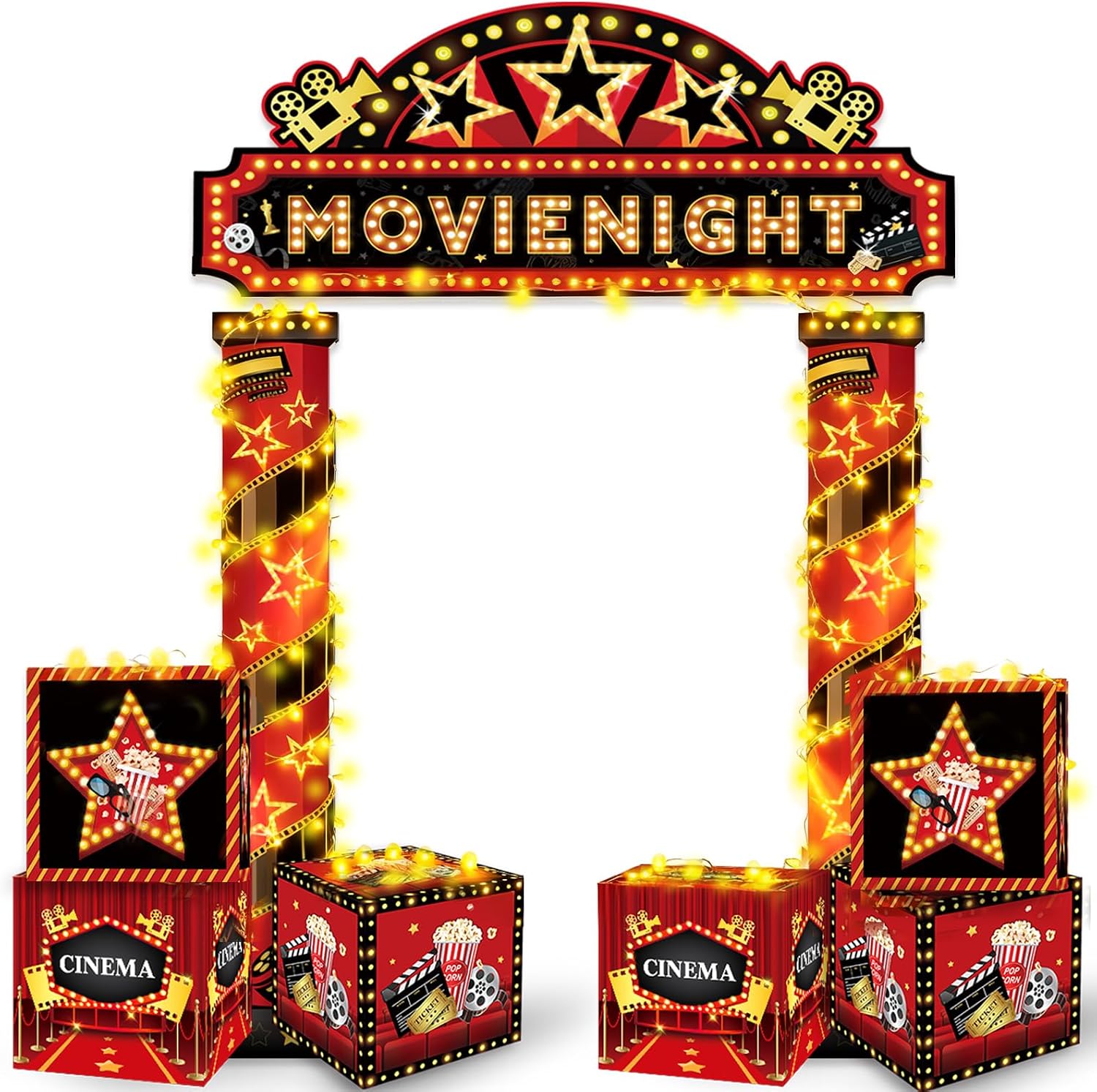 10 Pcs Movie Themed Party Decorations Porch Sign Banner with 6 Movie Party Decor Boxes, Movie Night Decorations Red Carpet Party Decoration for Home Film Backdrop, Birthday Supplies