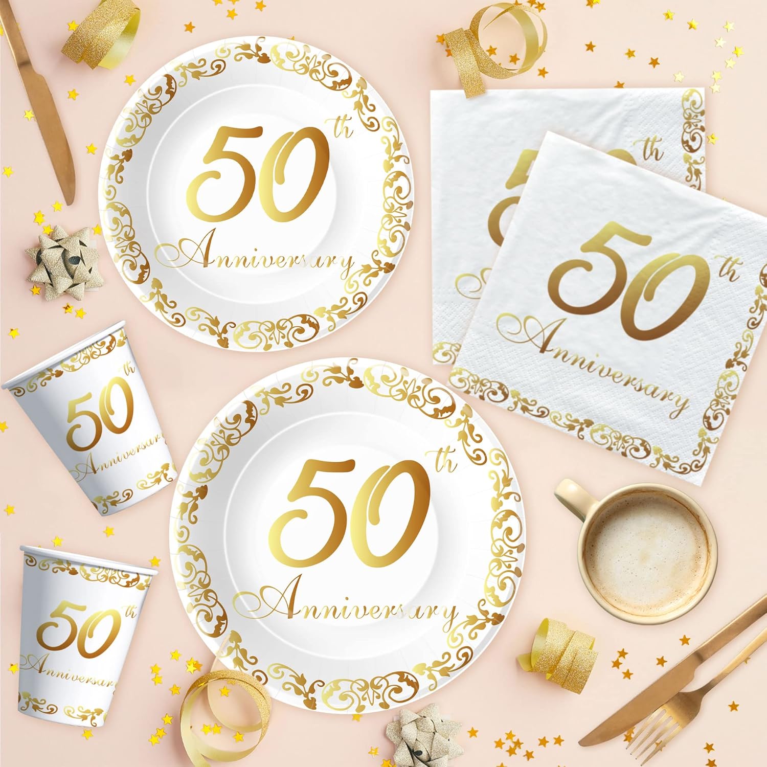APOWBLS 50th Anniversary Decorations And Supplies Tableware - Golden 50th Wedding Anniversary Decorations Party Supplies, Paper Plate, Napkin, Tablecloth, Fork | Serves 24 - Image 6