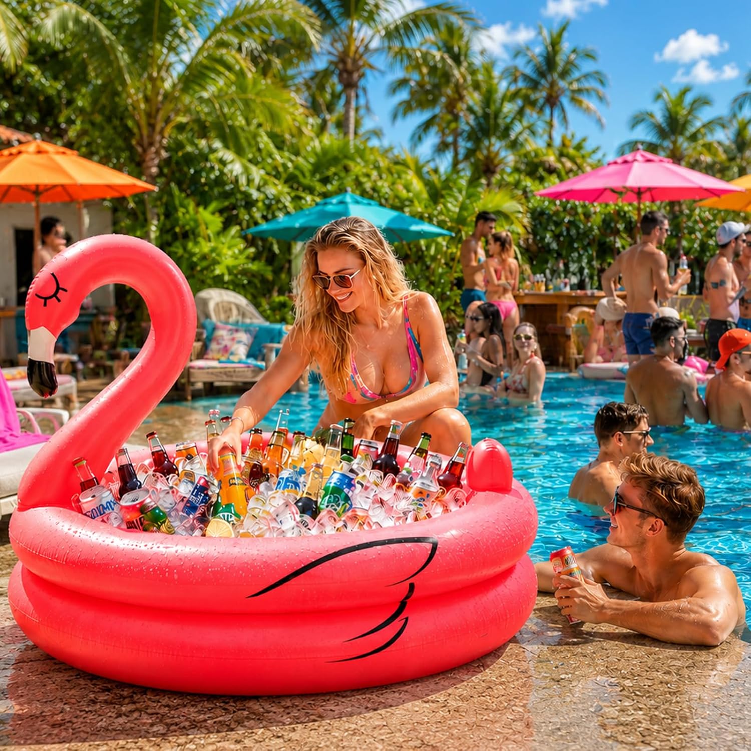 Inflatable Flamingo Cooler 130+ Cans Large Capacity, Bottom Quick-Drain, Luau Party Decor, Flamingo Pool Party Decorations, Beach Hawaiian Birthday Party Supplies Tropical Themed Summer Drink Cooler - Image 4