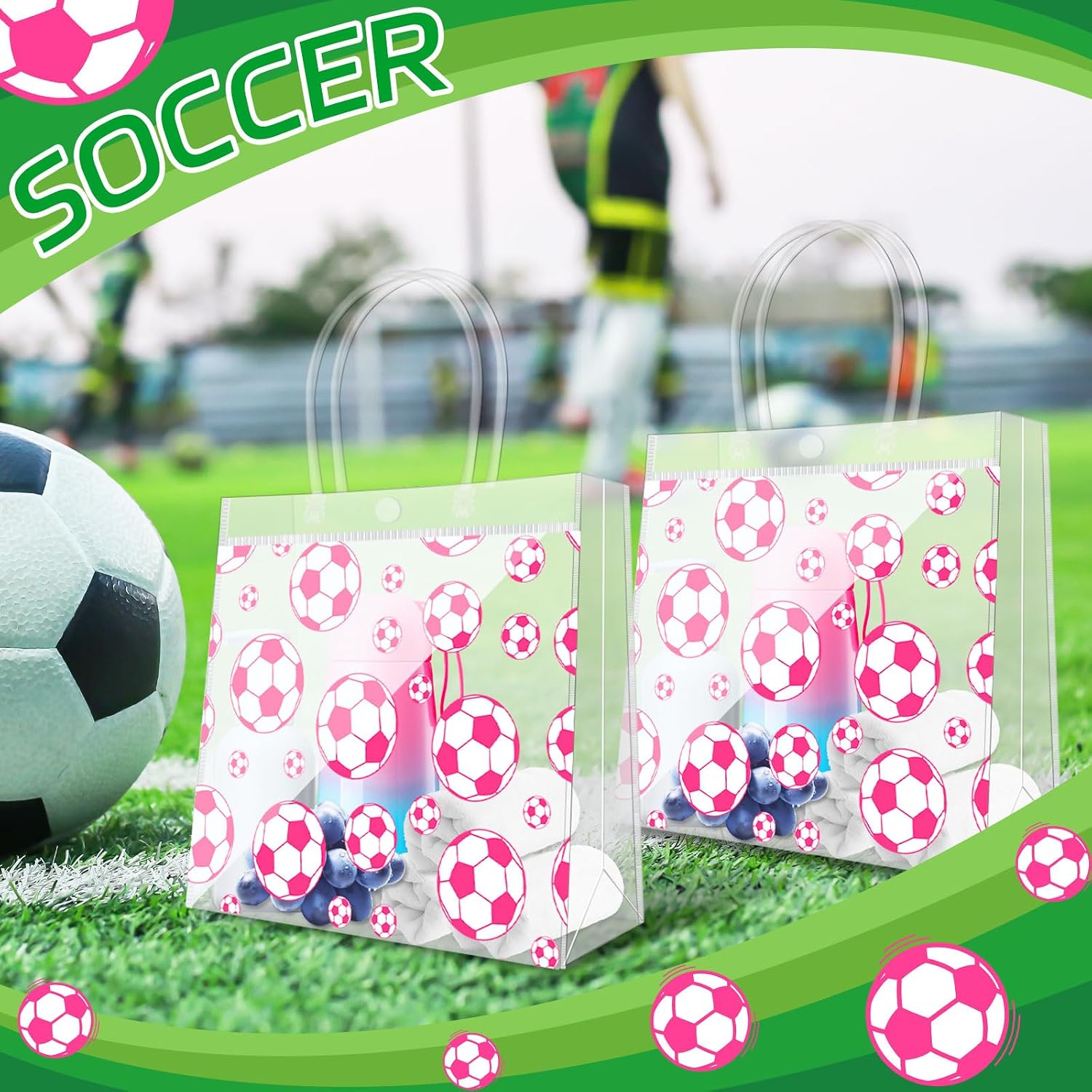 Demonwer 12 Pcs Pink Soccer Clear Goodie Bag with Handles PVC Sport Theme Goodie Treat Candy Bags Reusable Party Favor Bag for Team Birthday Gifts 8×8×3.2 Inch - Image 4