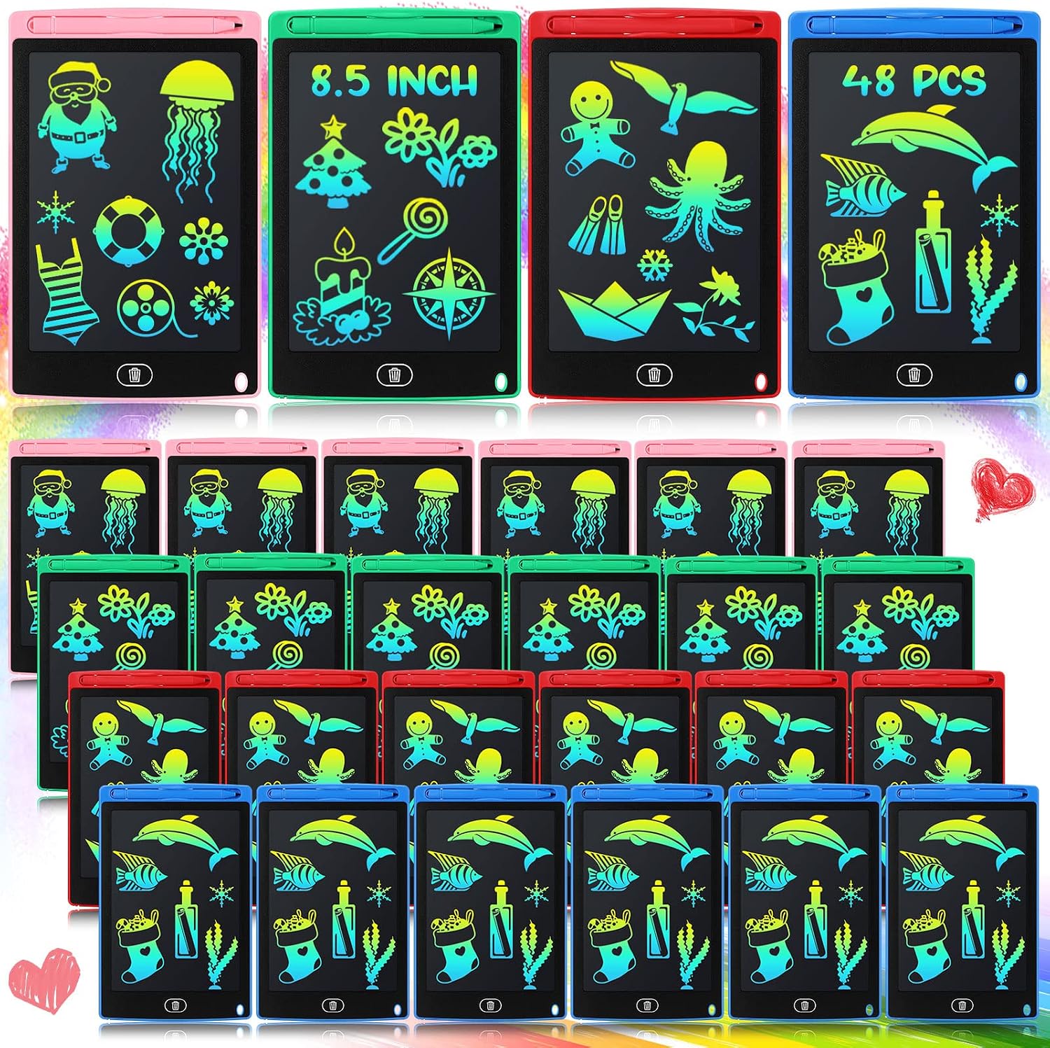Zhehao 48 Pieces LCD Writing Tablet for Kids 8.5 Inch Doodle Pads Bulk Erasable Drawing Doodle Board Drawing Pads Learning Toy for Valentine Easter Gift Boys Girl Age 3-10(Blue,Red,Green,Pink)
