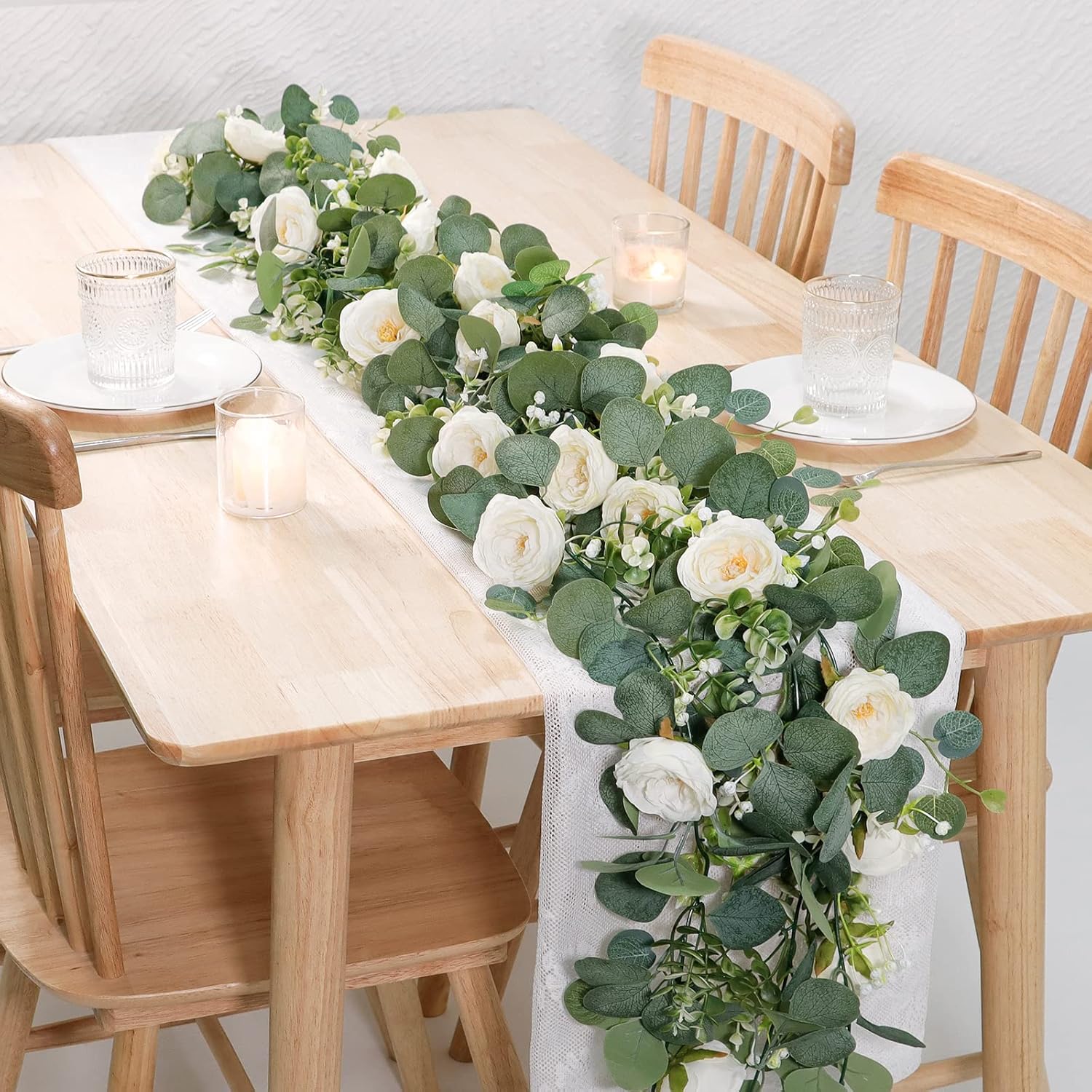 TOCHGREEN 2 Pack 13Ft Artificial Eucalyptus Flower Garland with White Roses, Fake Rose Flower Greenery Garland Floral Vines for Wedding Home Party Table Runner Decor (2PCS, White) - Image 2