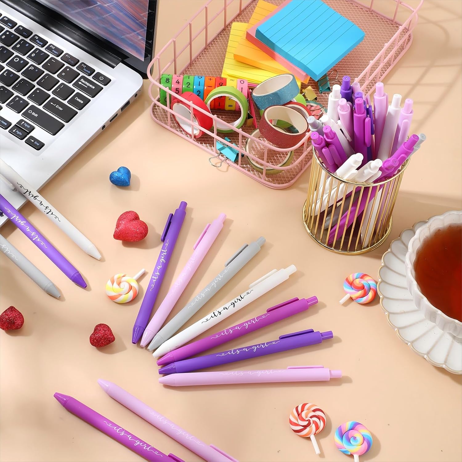 Chuangdi 50 Set Baby Shower Pens Favors for Guests It's a Boy Girl Ballpoint Pens Thank You Cards with Organza Bags Gender Reveal Party Favors for Adult Prizes Souvenirs(Purple,It's a girl) - Image 5