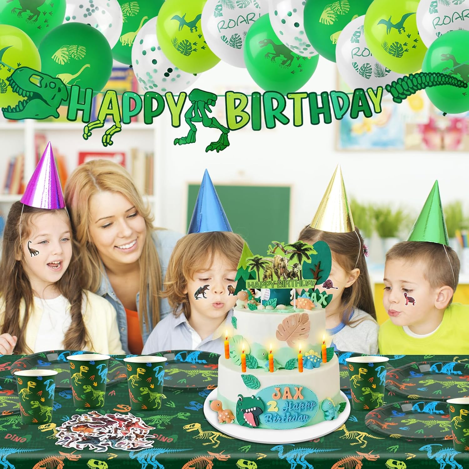 208pcs Dinosaur Birthday Party Decorations For Boys, Dinosaur Themes Birthday Party Supplies Serve 20 with Disposable Plates,Napkins,Cups,Cutlery Set, Banner,Tablecloth,Cake Topper,Ballons,Stickers - Image 6