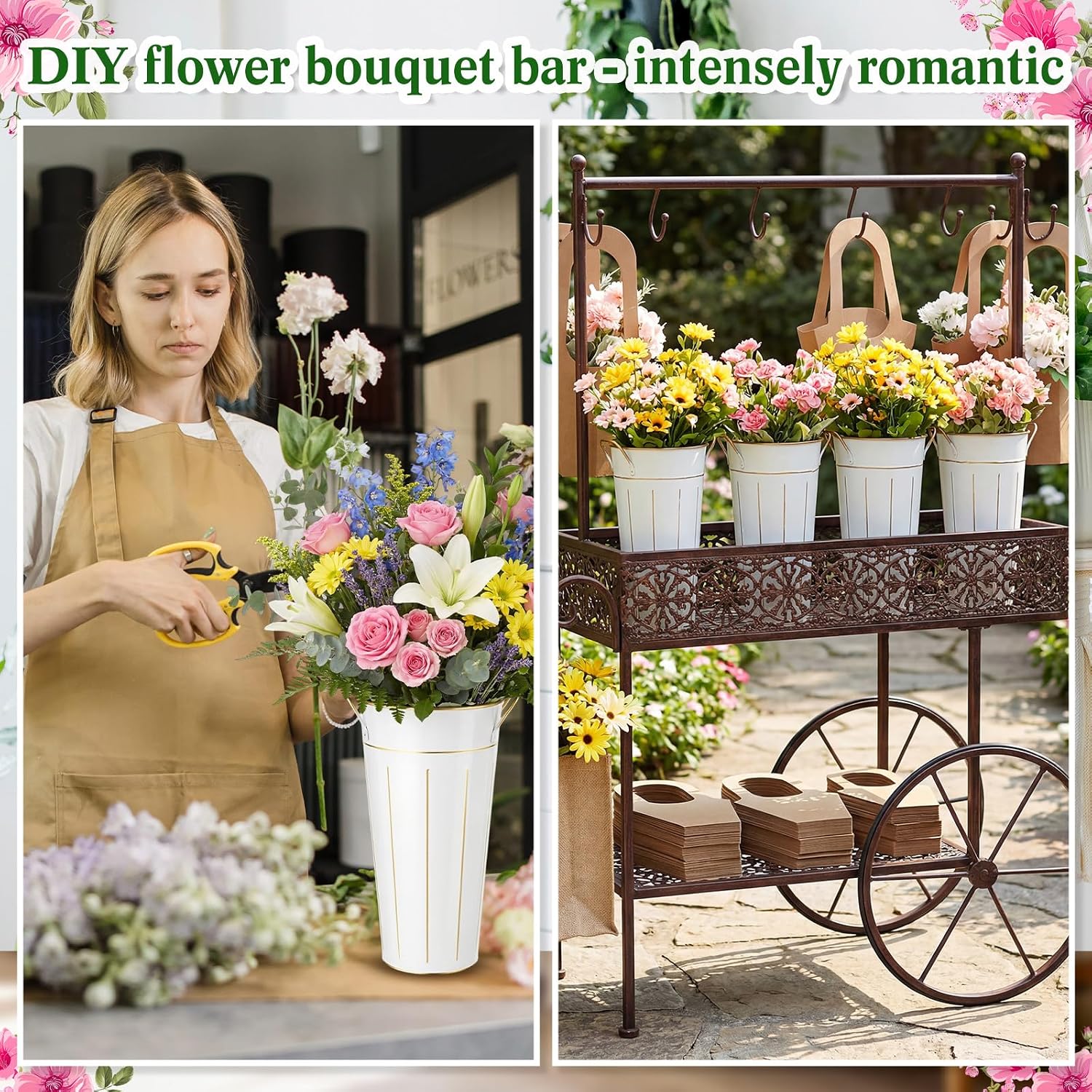 LemonRoad 56 Pcs Flower Bar Buckets Set Kit 6 Pcs Galvanized Bucket Bar 50 Packs Paper Gift Bags for Wedding, Bridal Shower, Graduation Birthday Table Centerpiece(Handheld,Galvanized Iron,11.8 Inch) - Image 4