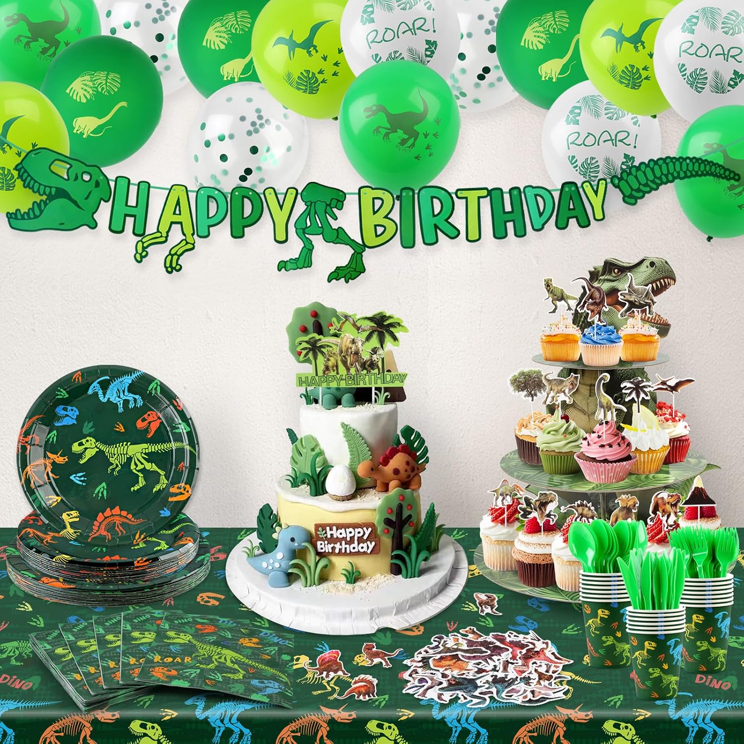 208pcs Dinosaur Birthday Party Decorations For Boys, Dinosaur Themes Birthday Party Supplies Serve 20 with Disposable Plates,Napkins,Cups,Cutlery Set, Banner,Tablecloth,Cake Topper,Ballons,Stickers - Image 7