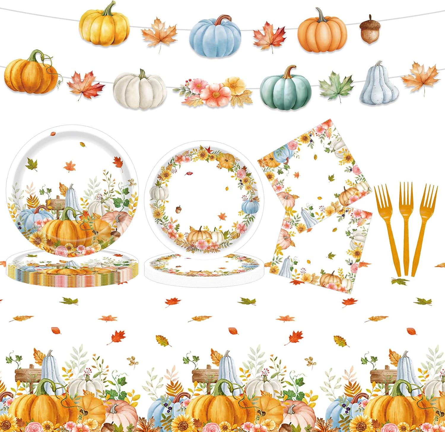 Fall Thanksgiving Paper Plates and Napkins Party Supplies Watercolor Pumpkin Maple Thanksgiving Disposable Tableware Banner Tablecloth Set Autumn Harvest Party Decorations for Table, 99Pcs Serves 24