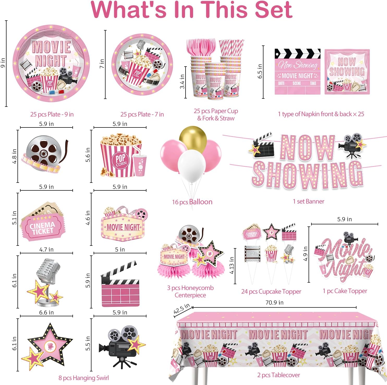 213 PCS Pink Movie Night Decorations, Movie Theme Party Supplies Service 25, with Now Showing Banner, Cake Topper, Balloons, Plates and Napkins for Movie Night Party - Image 2