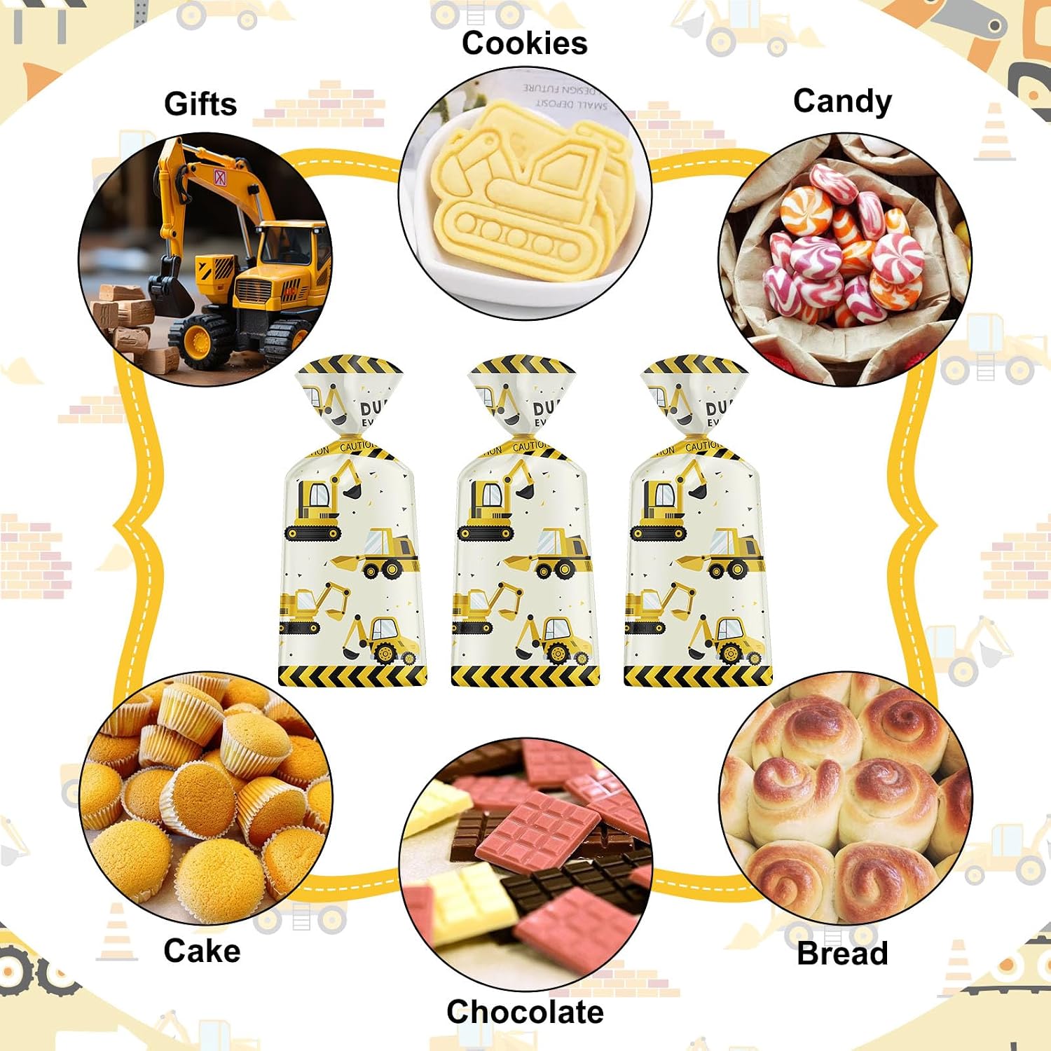 50 Pack Construction Party Favor Bags - Construction Theme Treat Bags, Truck Themed Cello Cellophane Gift Candy Goodie Bag with Gold Twist Ties for Kids Construction Birthday Party Supplies Favors - Image 6