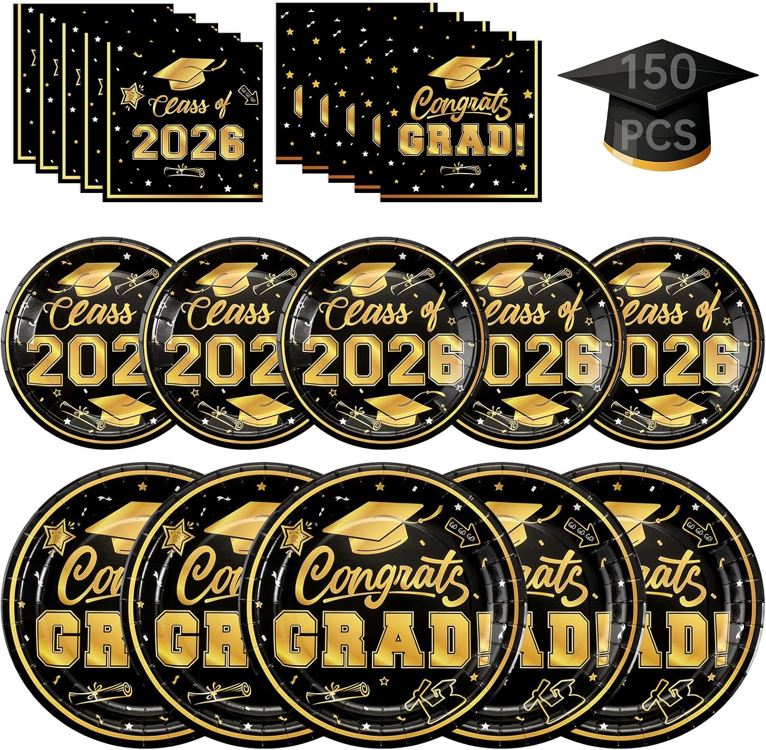 Litmitfu 150 Pcs Graduation Plates and Napkins 2026 - Black Gold Congrats Grad Class of 2026 Paper Dessert Dinner Plates Napkins Set for Graduation Party Decorations Supplies Table Decor, Serves 50 - Image 8
