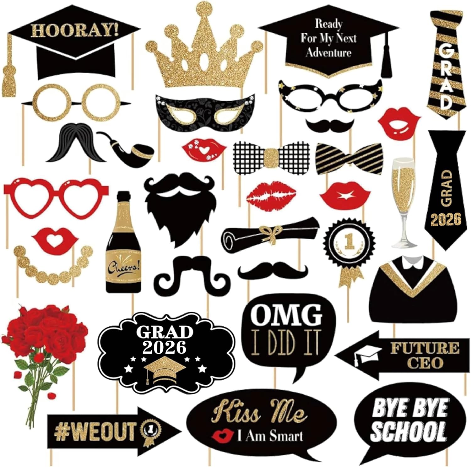 Happy Graduation 2026 Photo Booth Props 35pcs Funny Large Graduation Photo Props Class of 2026 Grad Decor with Sticks for Kids Boy Girl Women Men Graduation Party Favors Supplies Decorations