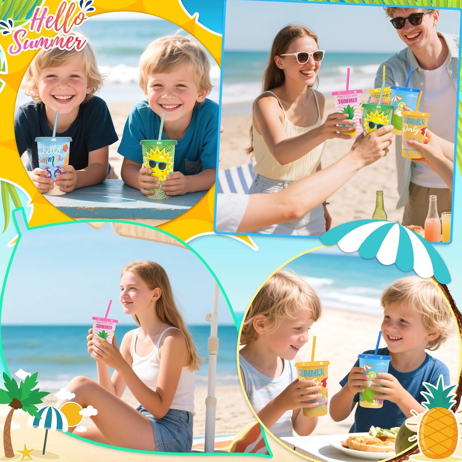 Jansun 12pcs Summer Party Color Changing Cups with Lids and Straws Beach Party 12Oz Reusable Plastic Cups Beach Ball Pool Party Favors Goodie Cups for Hawaiian Tropical Festival Supplies - Image 7