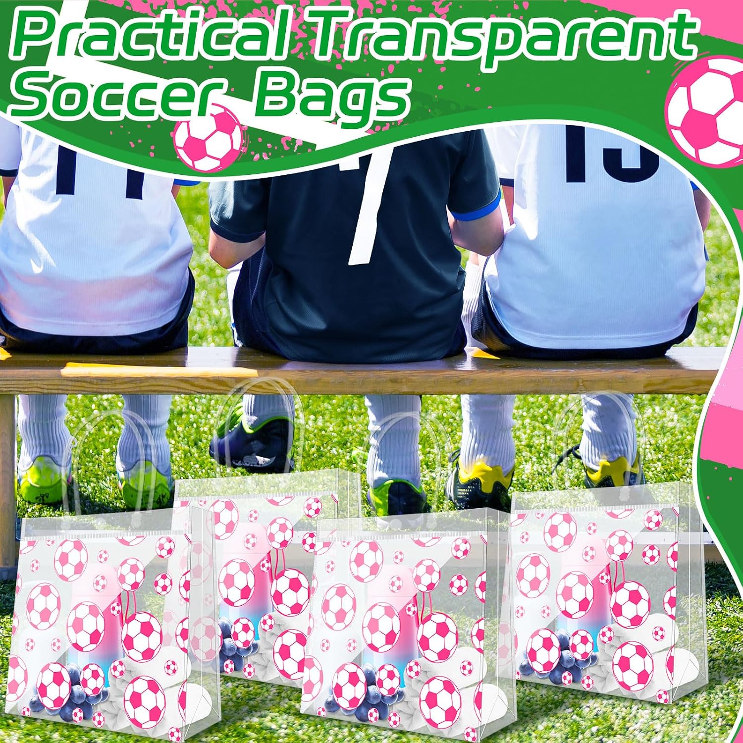 Demonwer 12 Pcs Pink Soccer Clear Goodie Bag with Handles PVC Sport Theme Goodie Treat Candy Bags Reusable Party Favor Bag for Team Birthday Gifts 8×8×3.2 Inch - Image 6