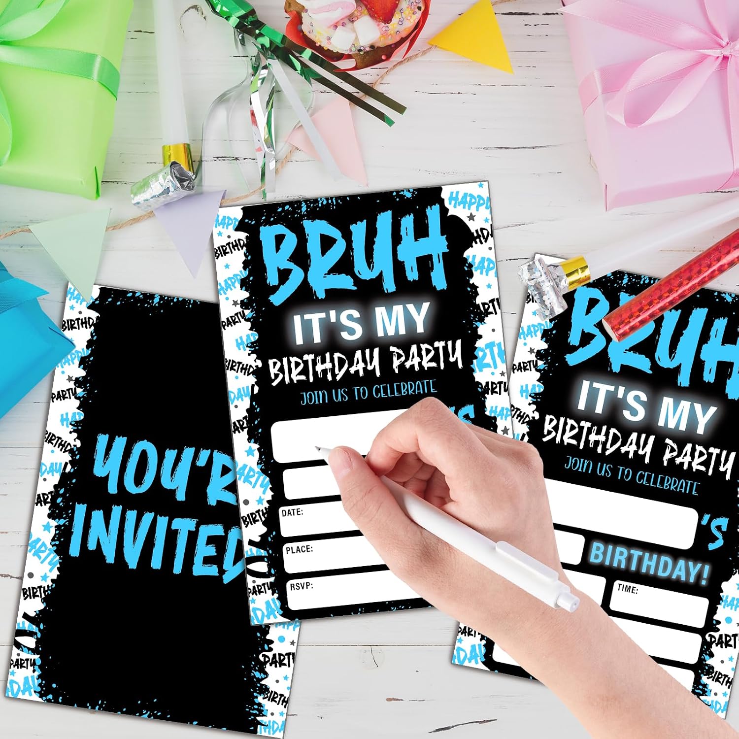 Bruh It's My Birthday Party Invitations, 20Pcs Blue Fill In Invitation Cards with Envelopes, Double Sided You're Invited Cards for Boys Teen Kids Birthday Supplies (4x6 inch) - Image 3