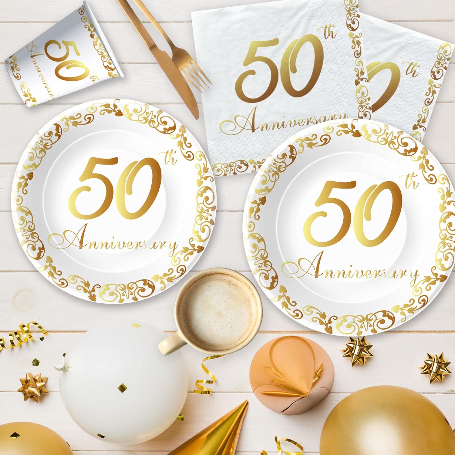 APOWBLS 50th Anniversary Decorations And Supplies Tableware - Golden 50th Wedding Anniversary Decorations Party Supplies, Paper Plate, Napkin, Tablecloth, Fork | Serves 24 - Image 4
