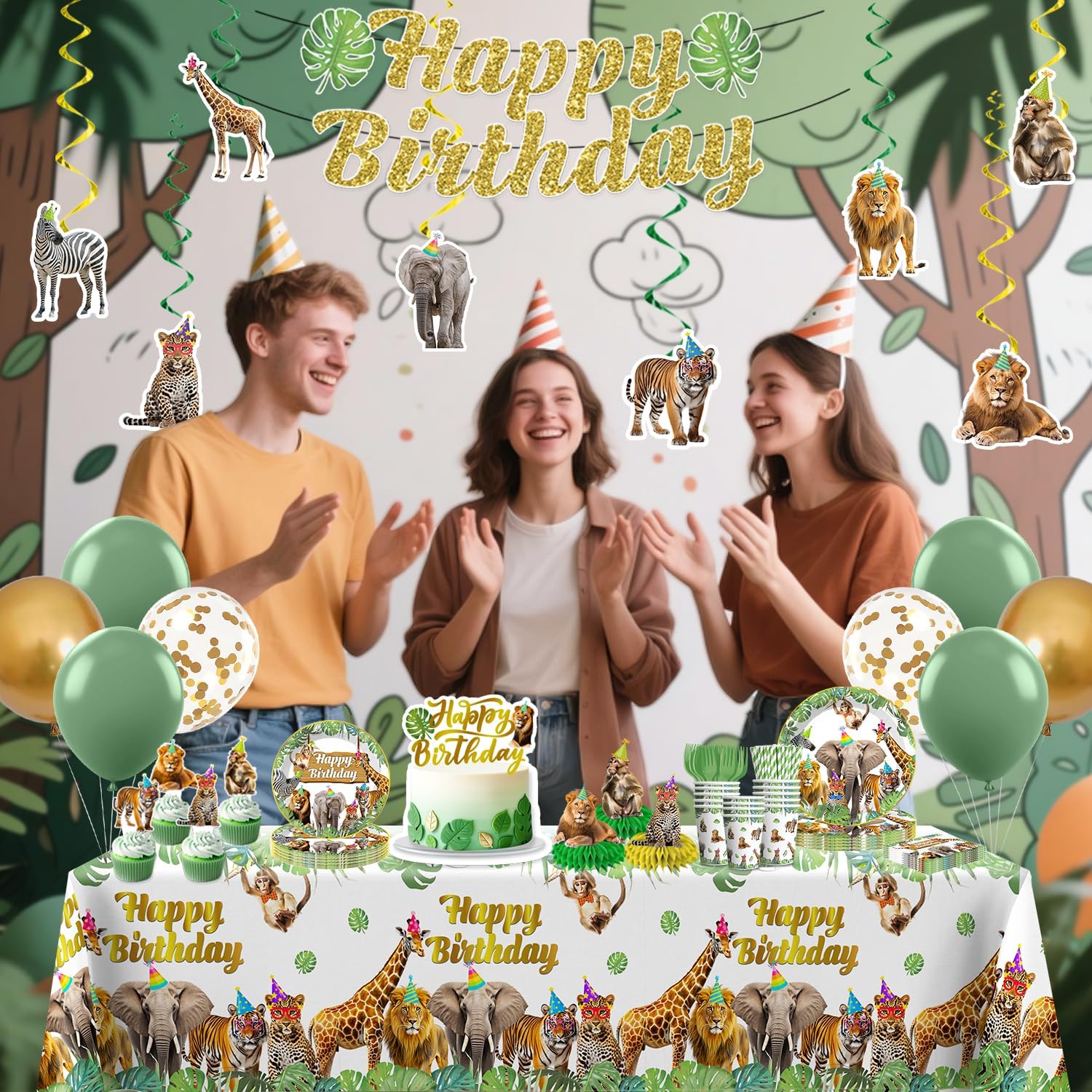 201pcs Safari Birthday Decorations Tableware Set, 25 Serves Safari Plates and Napkins for Party with 2pcs Tablecloth, Banner, Balloons for Jungle Birthday Party Decorations - Image 7