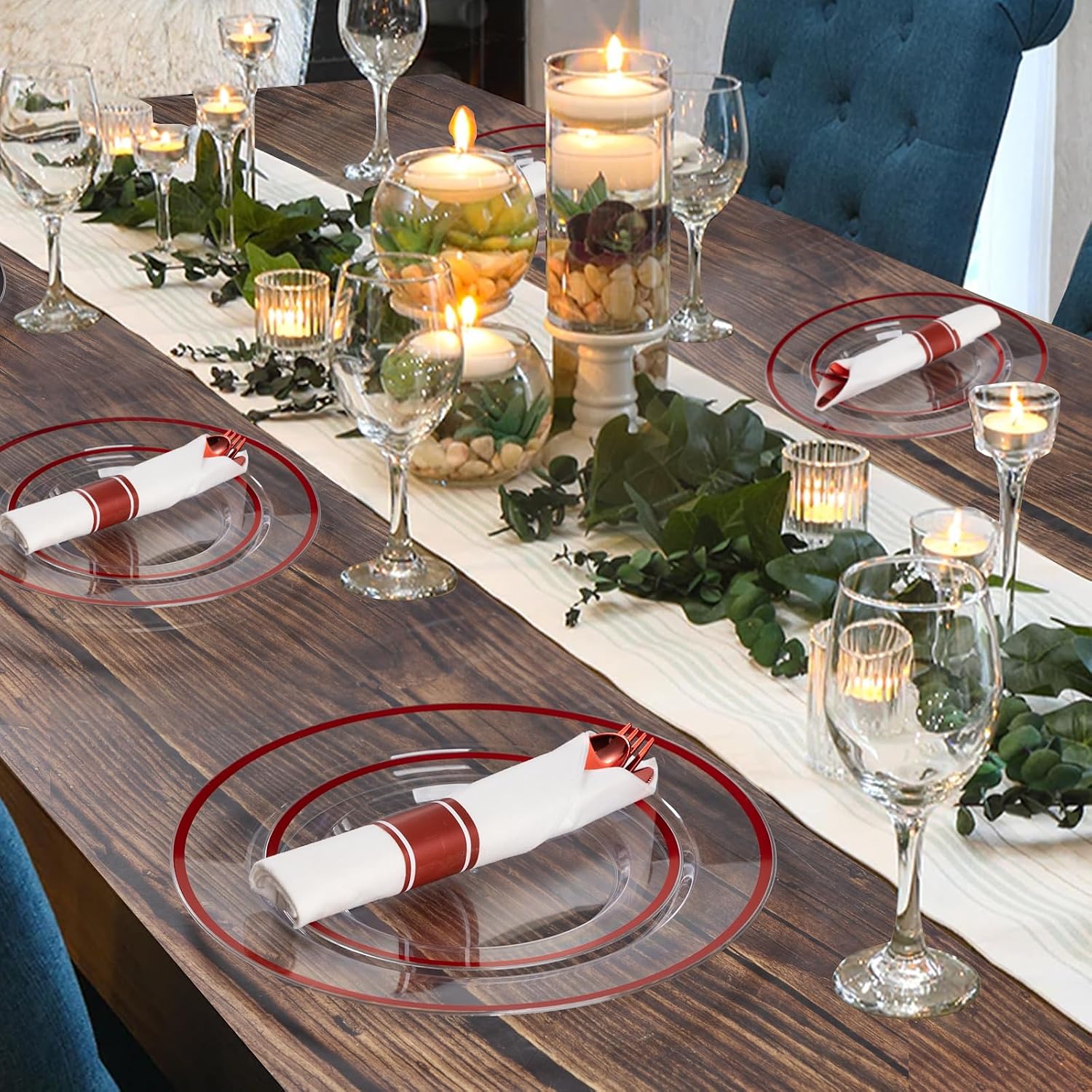 Goodluck 350 Piece Red Plastic Dinnerware Set for Party, Clear Disposable Plates for 50 Guests, Includes 100 Plates, 50 Pre Rolled Napkins with Cutlery Set, 50 Cups for Graduation, Wedding, Christmas - Image 6
