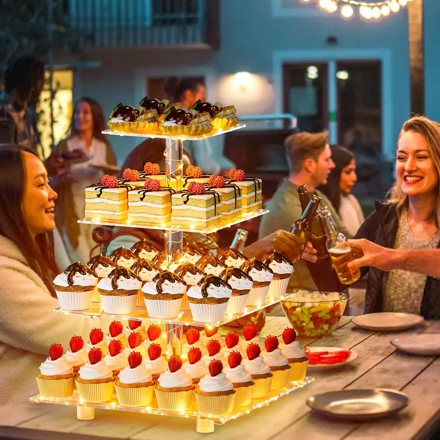 YestBuy Cupcake Stand with Yellow LED Lights, 4 Tier Cupcake Stand for 50 Cupcakes, Acrylic Cupcake Tower Stand, Clear Tiered Cupcake Holder for Birthday Candy Bar Décor Weddings, Parties Events - Image 8