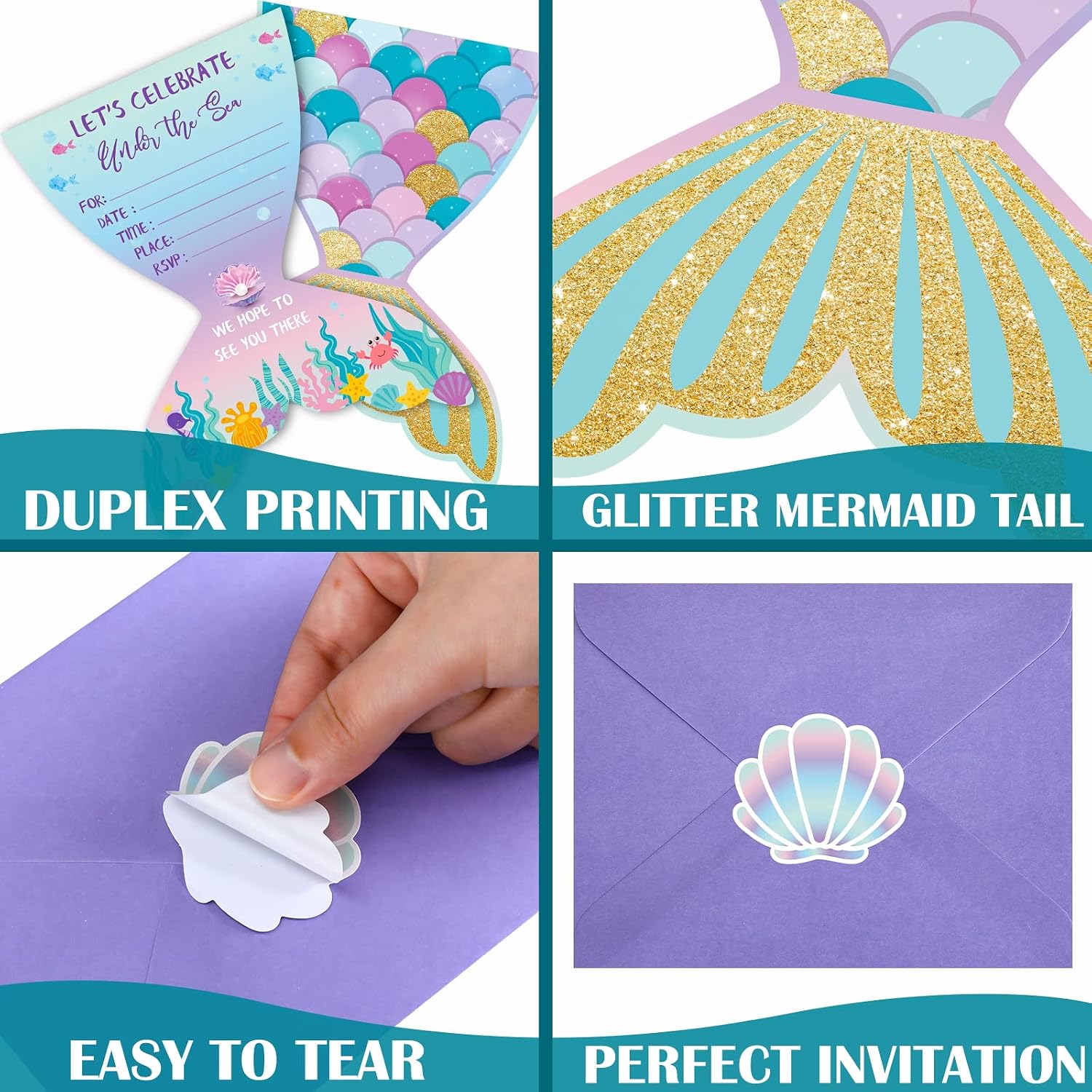 Hotop 24 Sets Mermaid Birthday Invitations with Stickers and Envelopes for Kids Girls, Mermaid Party Invitations Cards for Birthday Baby Shower Party Favors Supplies, 4x6 Inch - Image 4