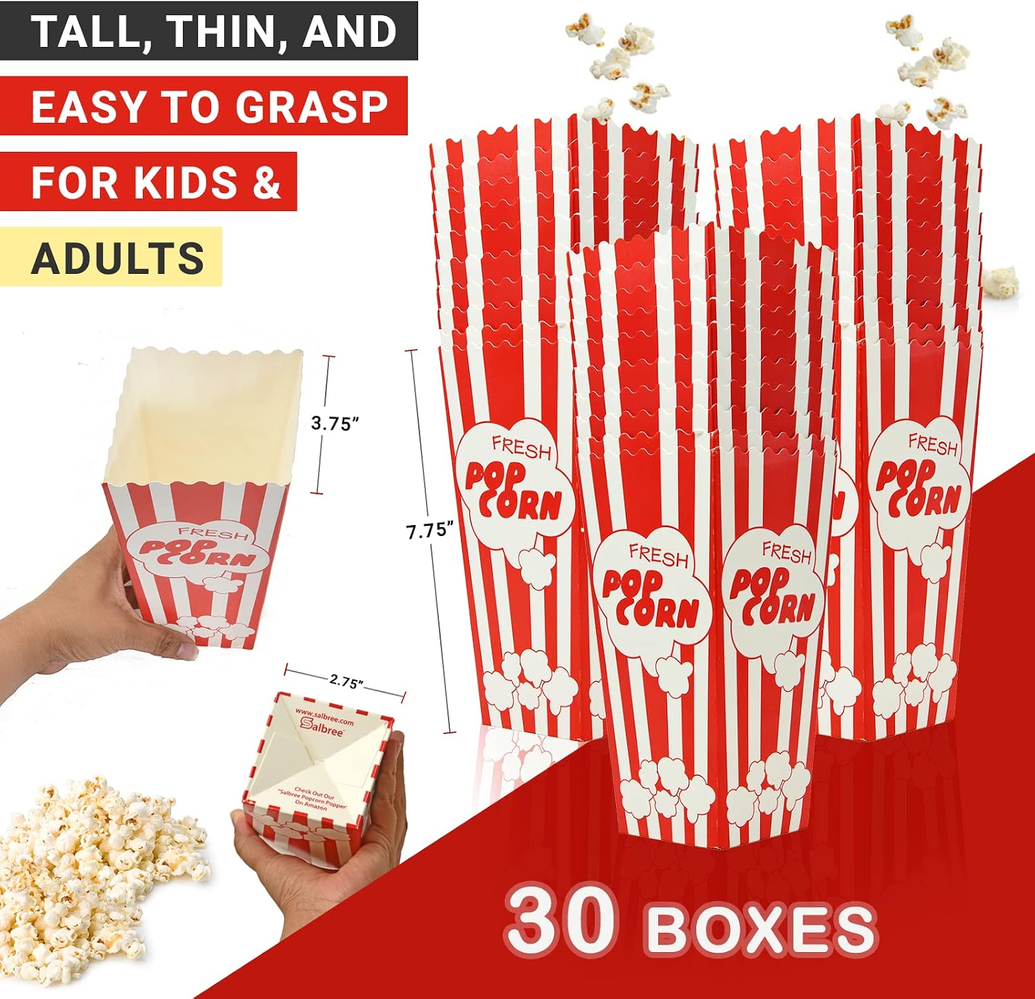 30 Movie Night Popcorn Paper Boxes Buckets 7.75 Inches Tall Large Box & Holds 46 Oz Old Fashion Vintage Retro Party Design Red & White Colored Nostalgic Carnival Stripes Bags & Tubs various qty avail - Image 2