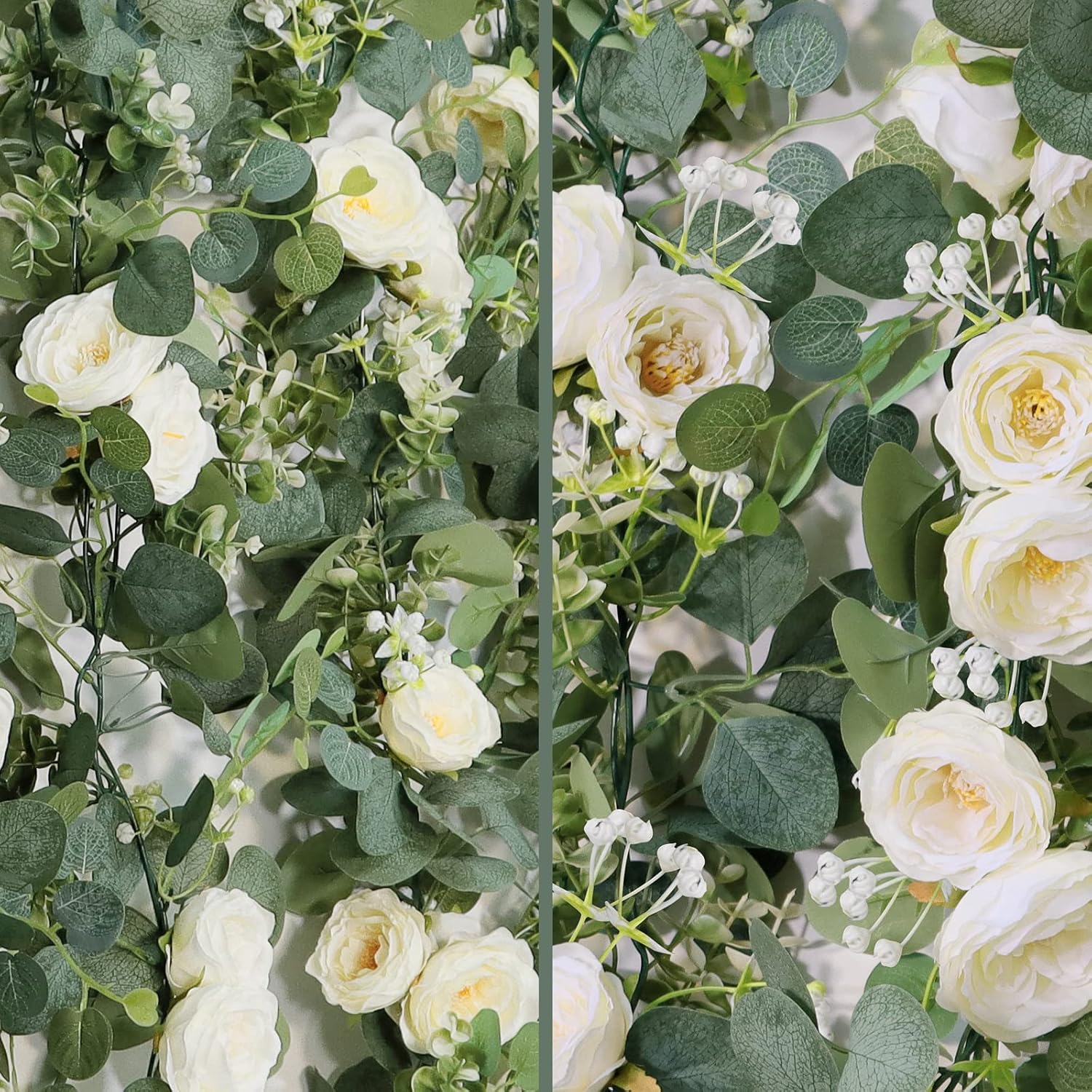 TOCHGREEN 2 Pack 13Ft Artificial Eucalyptus Flower Garland with White Roses, Fake Rose Flower Greenery Garland Floral Vines for Wedding Home Party Table Runner Decor (2PCS, White) - Image 6