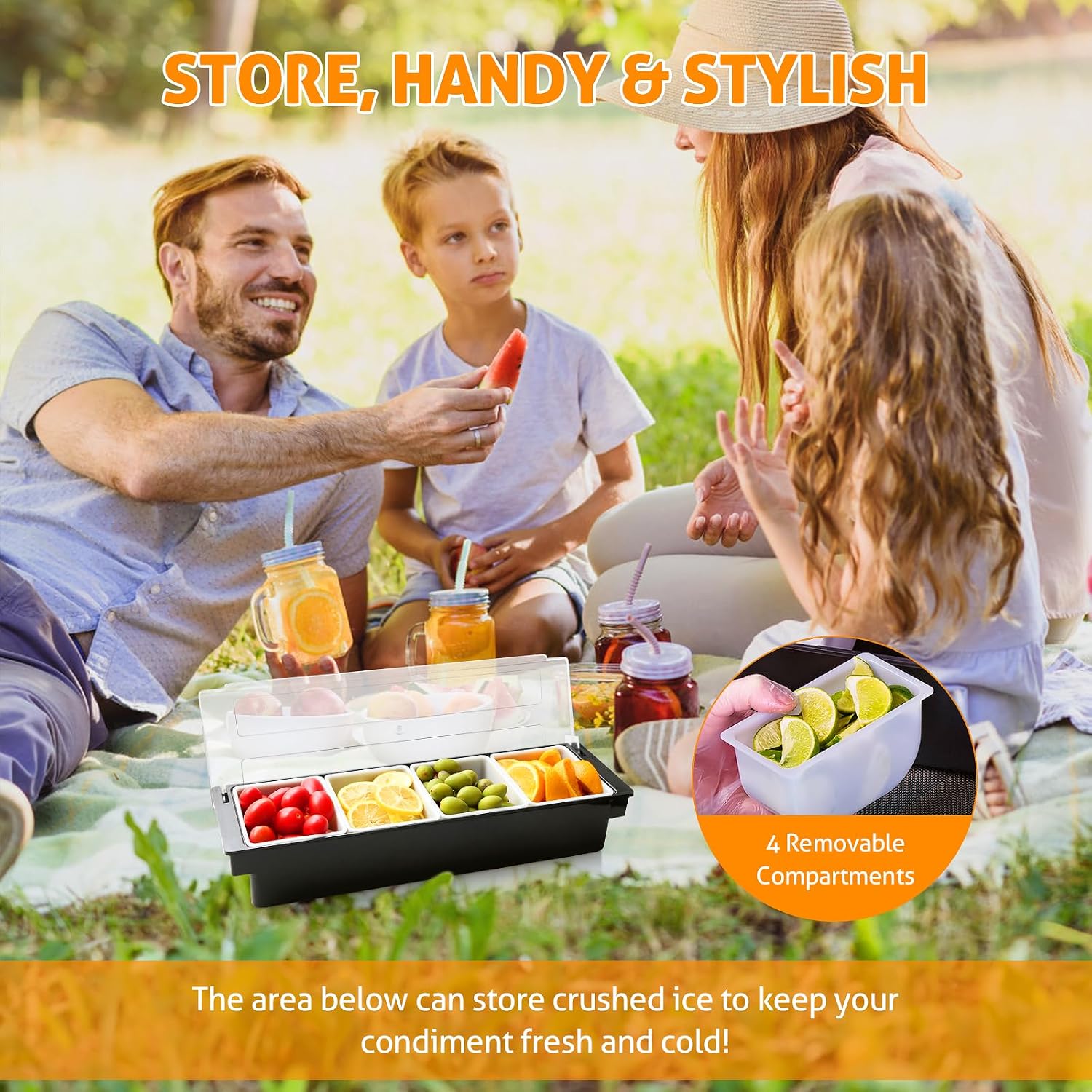 WICHEMI Condiment Container with Lid Ice Chilled Condiment Server with Ice Tray Fruit, Veggie & Condiment Caddy Plastic Garnish Station for Bartending Serving Taco, Salad Bar Container (4 Compartment) - Image 4