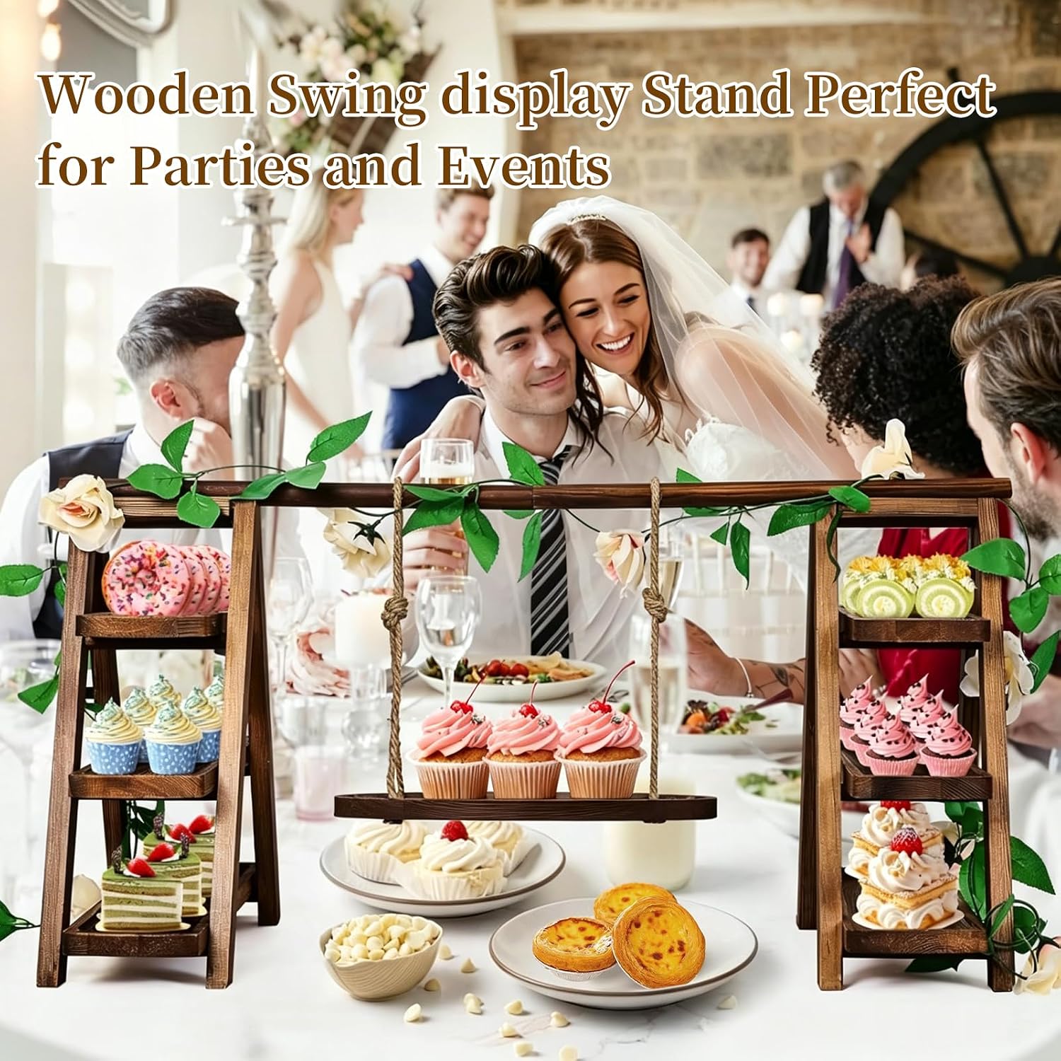 Large Wooden 3 Tier Swing Cupcake Stand with Flower Decor, Removable Trays, Foldable Ladder Display for Cake, Snacks, Fruit, Bread, Party & Catering Centerpieces - Image 9