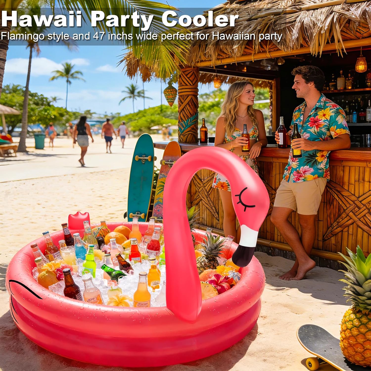 Inflatable Flamingo Cooler 130+ Cans Large Capacity, Bottom Quick-Drain, Luau Party Decor, Flamingo Pool Party Decorations, Beach Hawaiian Birthday Party Supplies Tropical Themed Summer Drink Cooler - Image 9