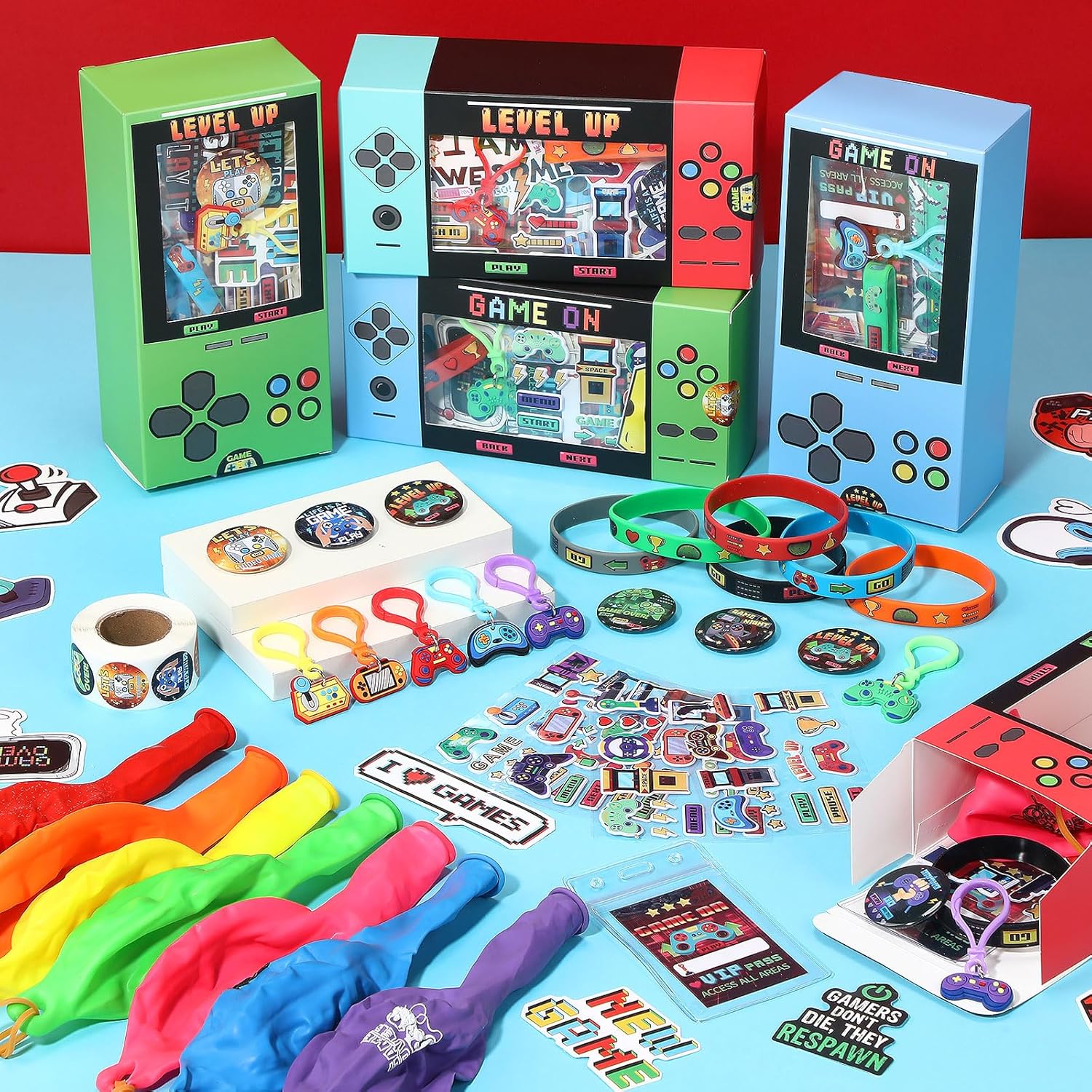 147 Pcs Video Game Party Favors for 12 Kids Gamer Goodie Bag Stuffers for Boys Gaming Birthday Party Supplies with Gift Boxes, VIP Pass, Balloons, Bracelets, Keychains, Badges, 3D Stickers - Image 3