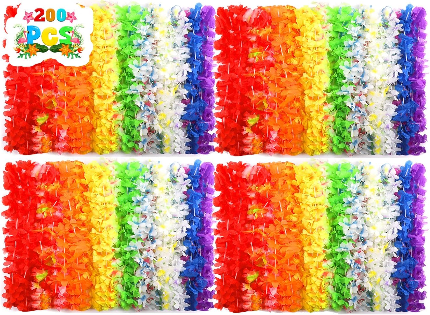 200 PCS Hawaiian Leis Bulk Colorful Tropical Flower Necklace for Luau Party Decorations, Summer Beach Party Favors, Hawaii Theme Birthday Decor, Pool Party Supplies, Hawaiian Garland, Silk Flower Lei