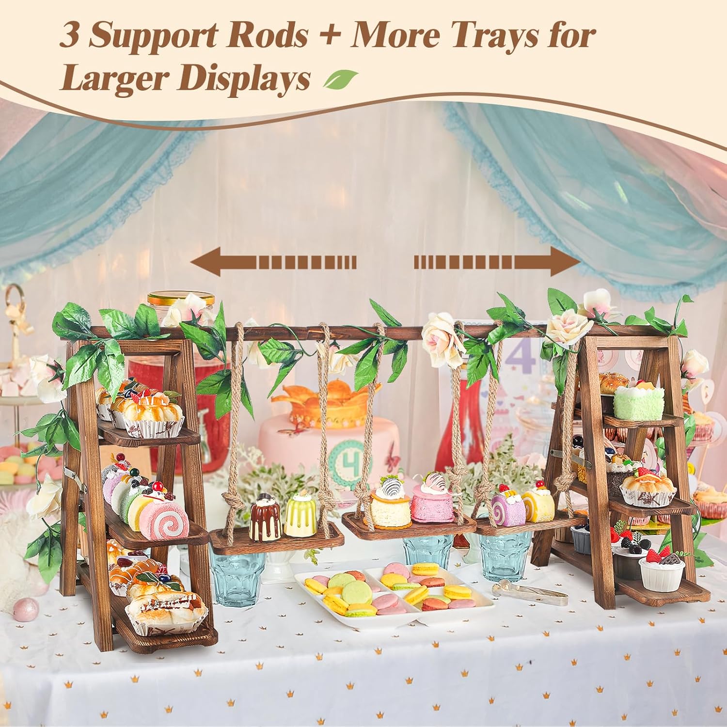 Wisreach Upgraded Large Wooden 3 Tier Swing Cupcake Stand with Flower Decor, Removable Trays, Foldable Ladder Display for Cake, Snacks, Fruit, Bread, Party & Catering Centerpieces - Image 3