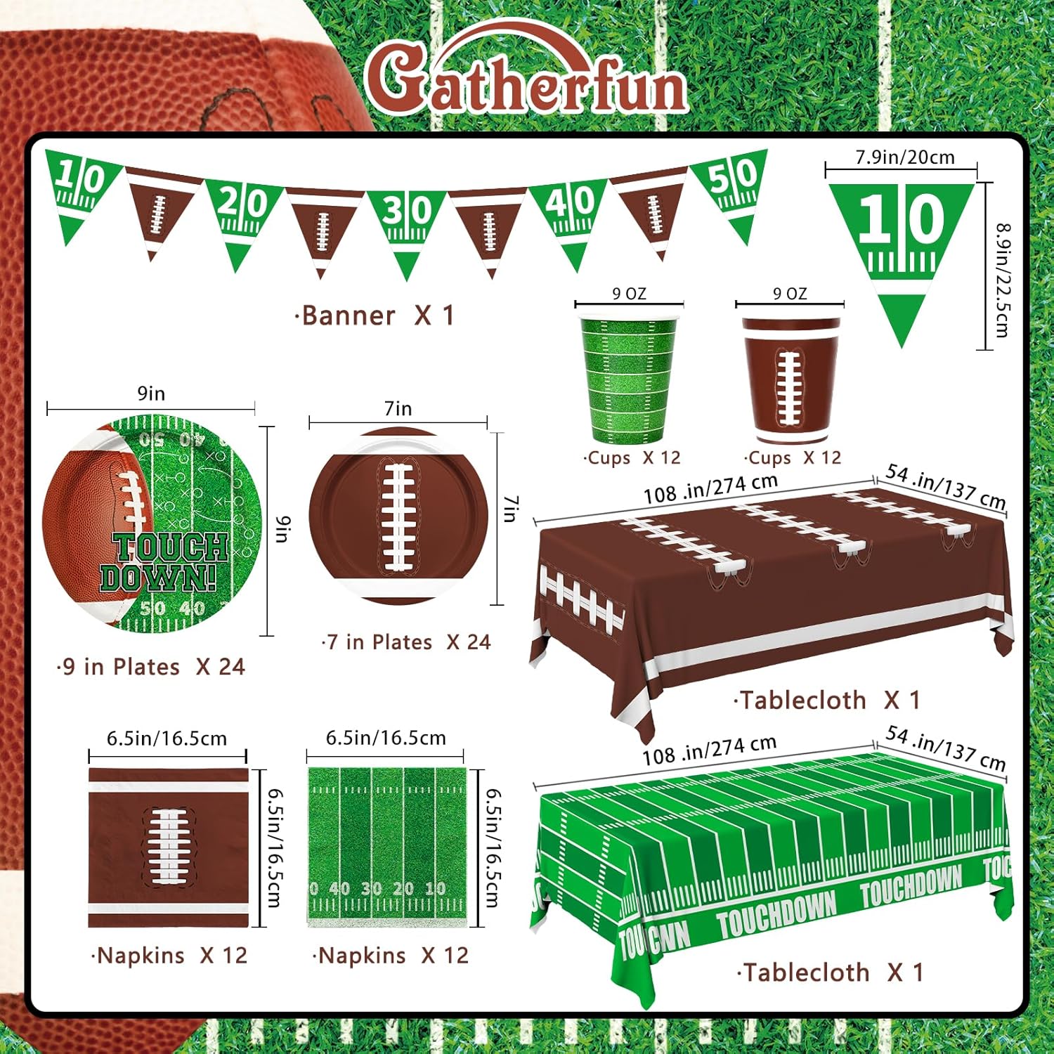 Gatherfun Football Party Supplies Kit Serve 24,Includes Dinner Plates, Dessert Napkins, Cups,Banner and Touchdown Tablecloth for Birthday Gameday Tailgate Decorations, Green (2023053002) - Image 2
