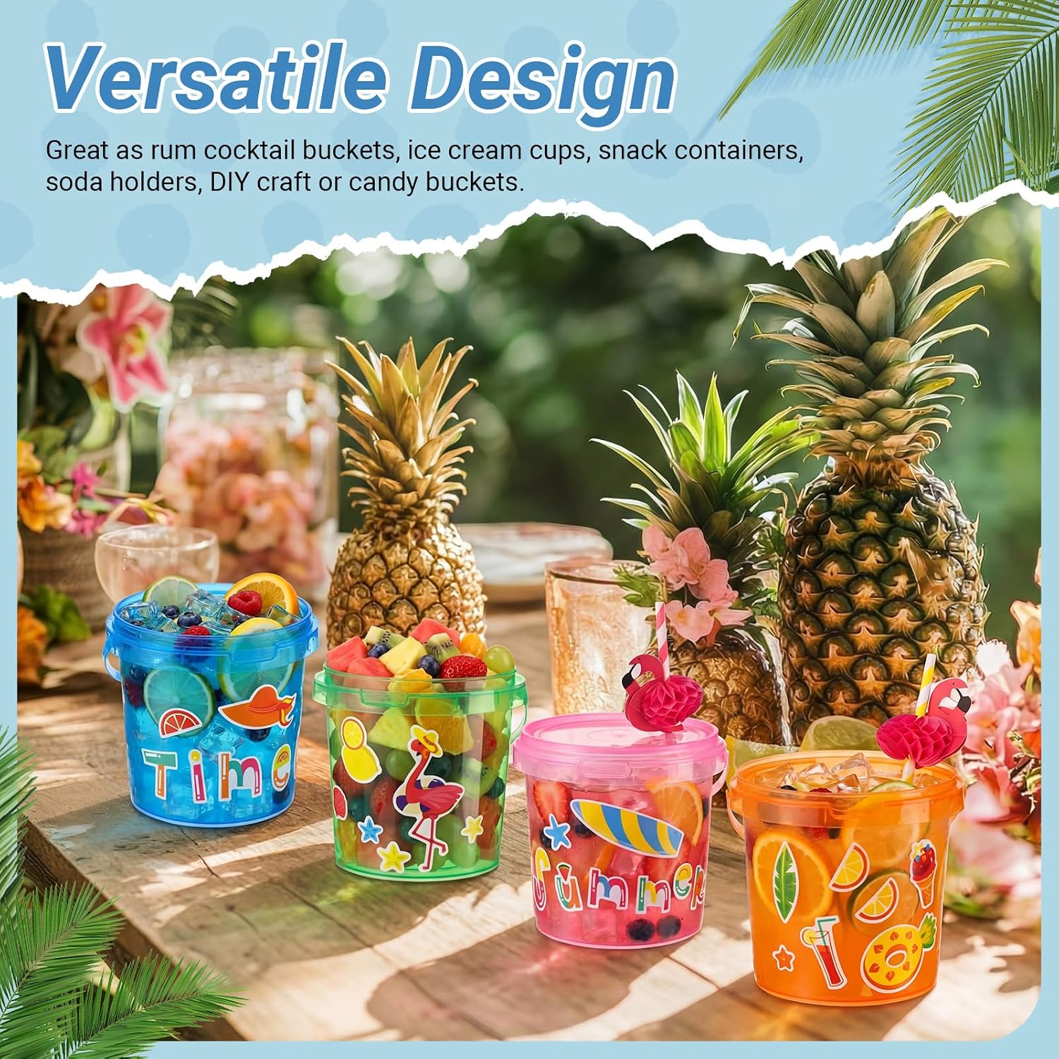 24 Pcs 32 oz Tropical Drink Buckets with Lids and Handles Summer Plastic Drink Bucket with Flamingo Pineapple Straw Reusable Rum Cocktail Bucket with Lids Punch Bowls for Luau Party Beach - Image 5