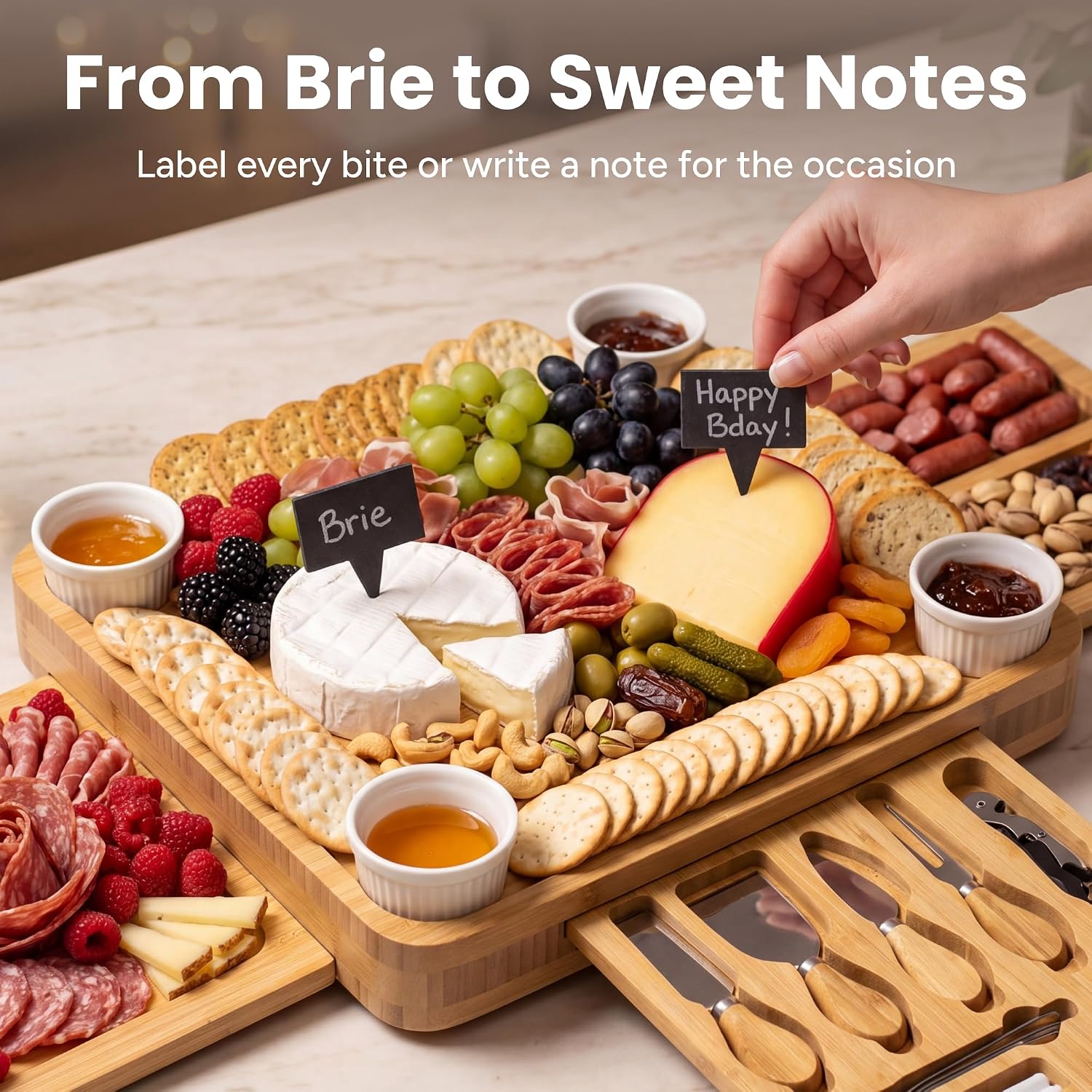 SMIRLY Charcuterie Boards Set - Large Bamboo Cheese Board Set - House Warming Gifts New Home, Wedding Gift for Couple, Bridal Shower Gift, Birthday Gifts for Women - Image 3