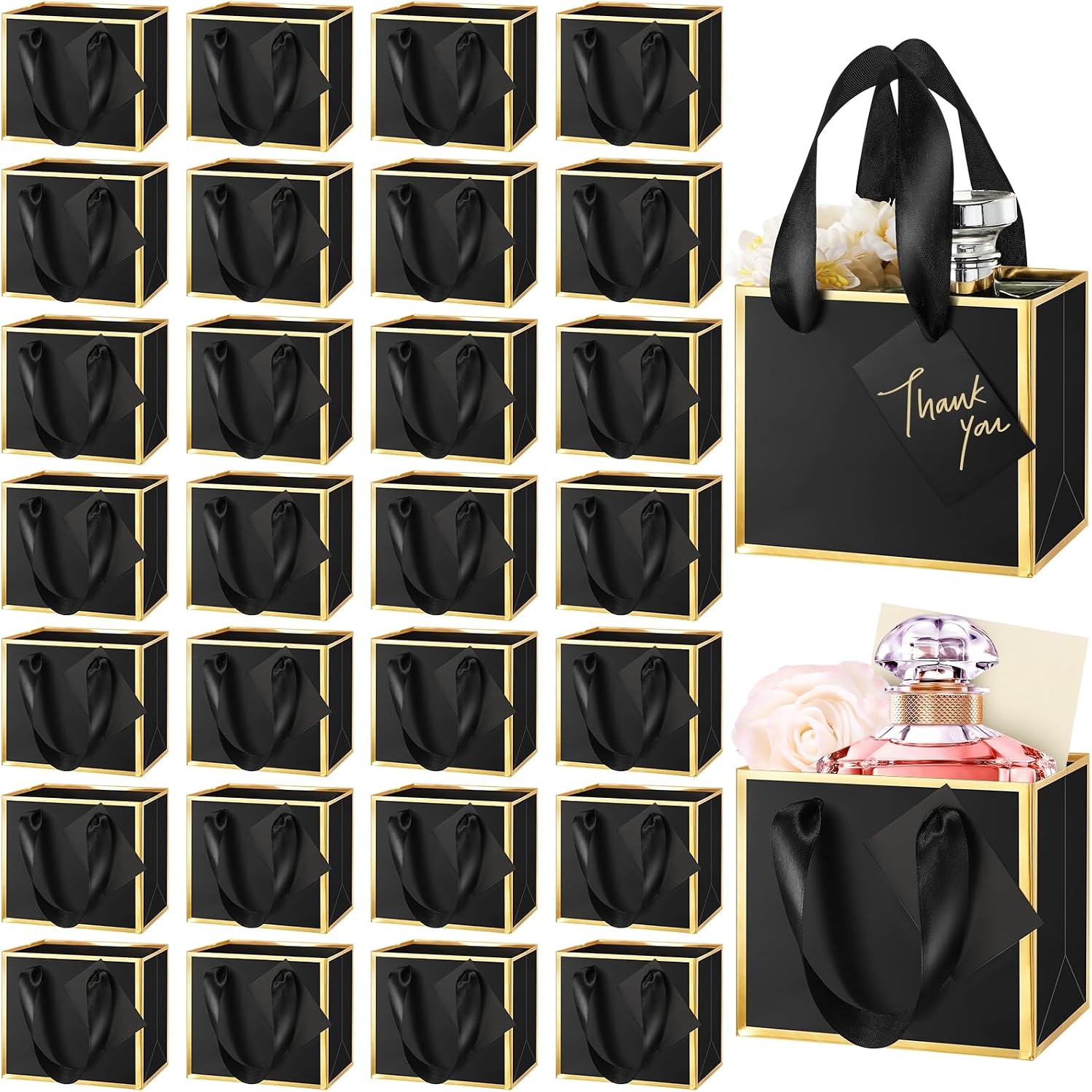 Yeaqee 50 Pcs Mini Metallic Paper Gift Bags with Handle 4.75x2.25x4'' Small Gift Bag DIY Tag Thank You Party Favor for Summer Wedding Baby Shower Birthday Back to School Jewelry (Black,Gold)