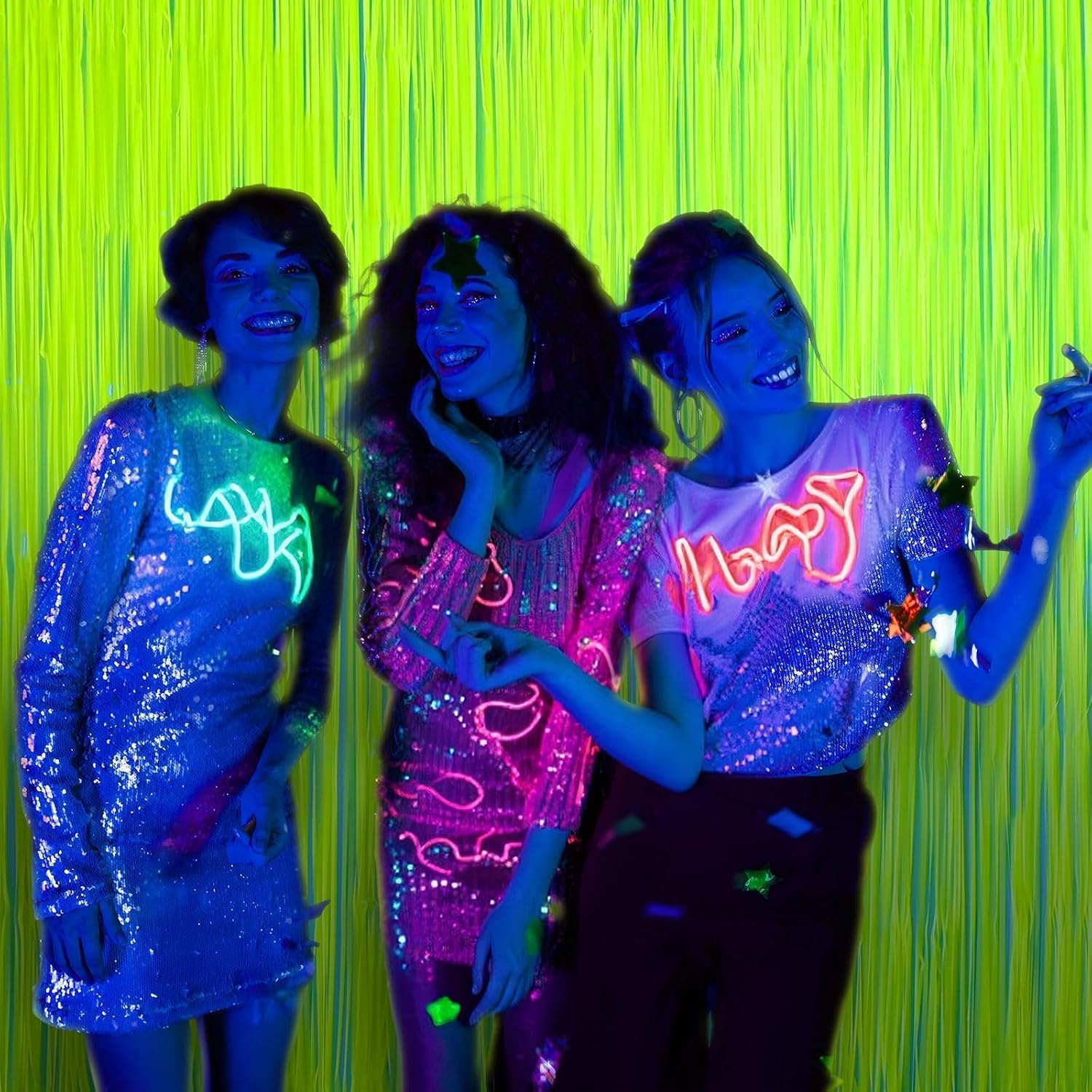 Mega-L Glow in The Dark Party Supplies, Neon Party Decorations, 2 Pack 6.6x6.6 ft Fluorescent Green Foil Fringe Curtains, Glow Photo Backdrop for Birthday, Pool Party, Music Festival, Nightclub - Image 8