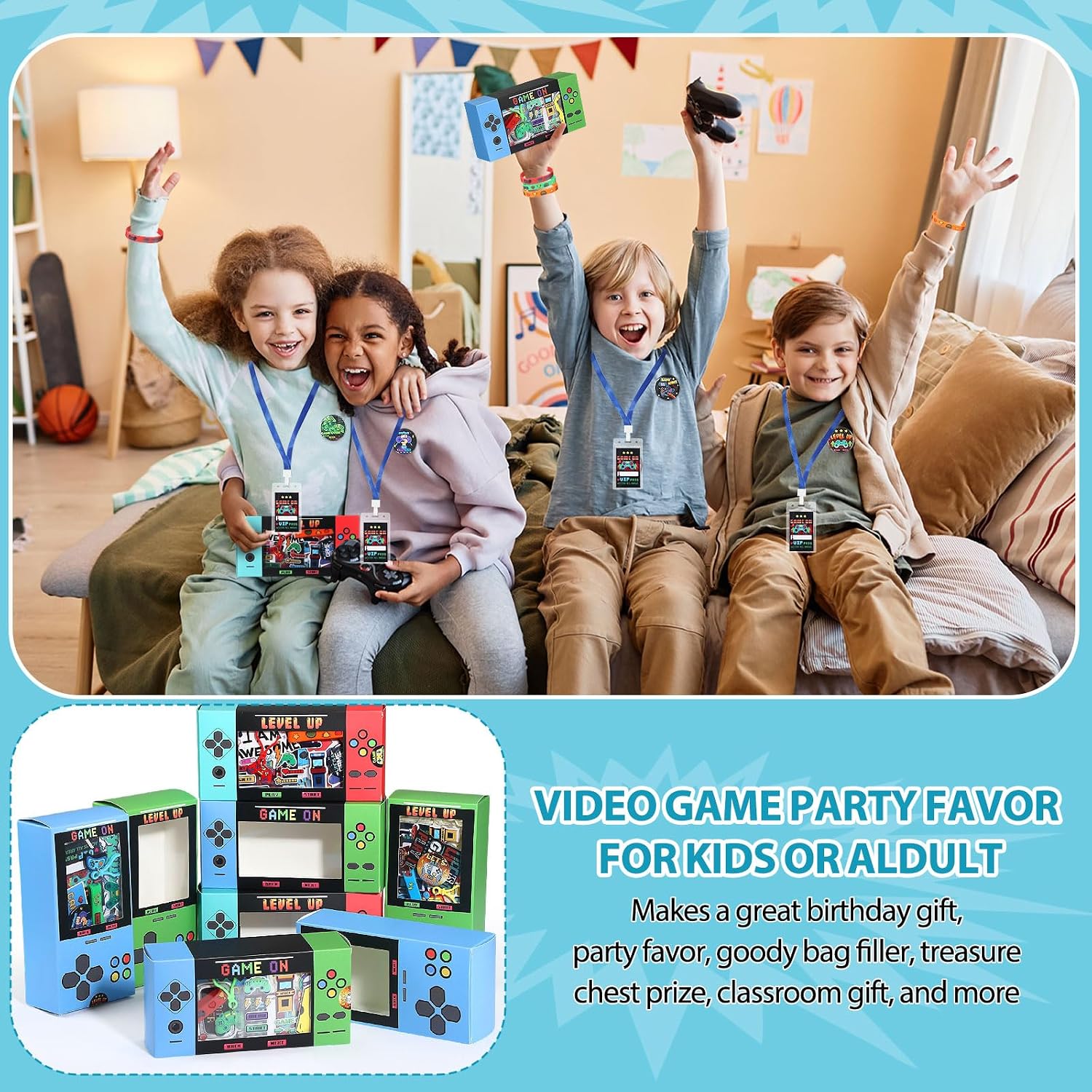 147 Pcs Video Game Party Favors for 12 Kids Gamer Goodie Bag Stuffers for Boys Gaming Birthday Party Supplies with Gift Boxes, VIP Pass, Balloons, Bracelets, Keychains, Badges, 3D Stickers - Image 6