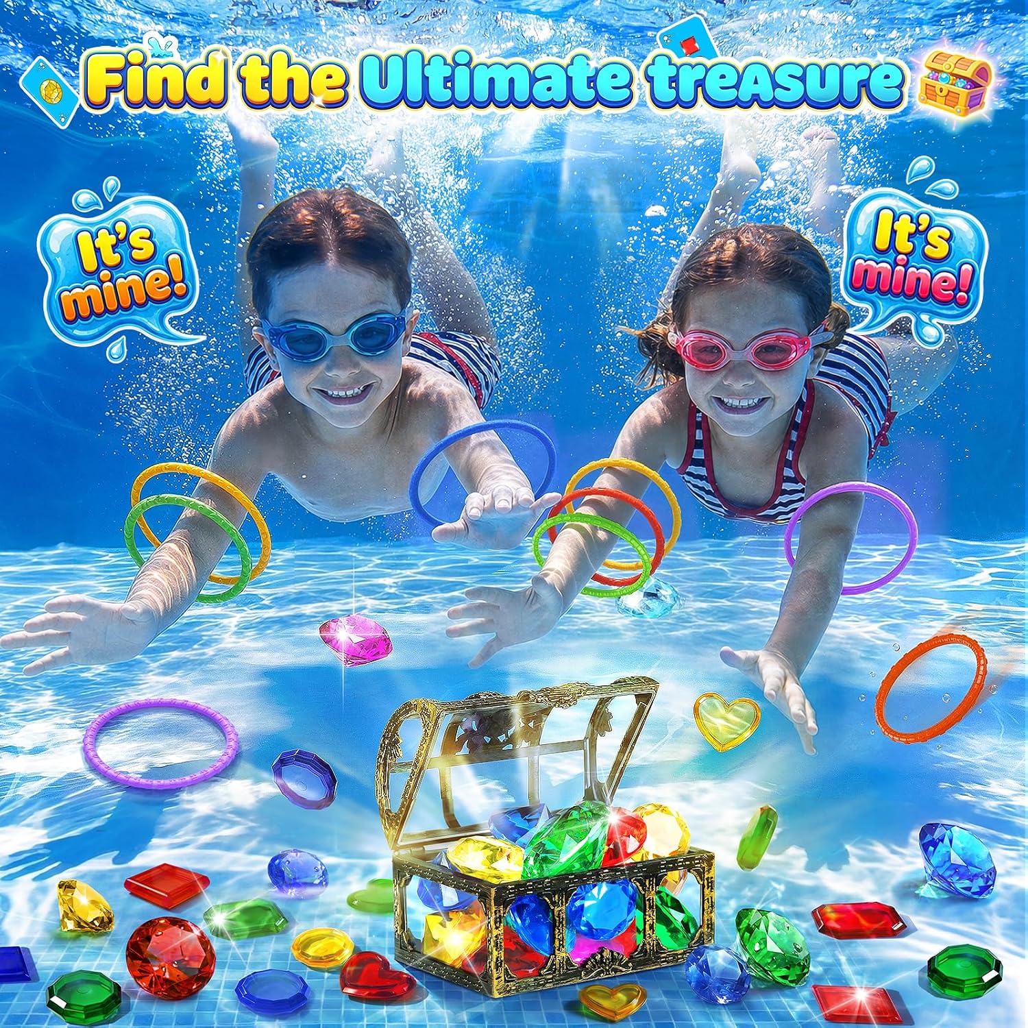 DISHIO Pool Diving Toys for Kids, Underwater Treasure Hunt Game with Pirate Chest, Diving Rings, 56PCS Gems, 40PCS Game Bingo Cards and Mesh Bag Swimming Pool Games Summer Toys for Boys Girls 4-12 - Image 3