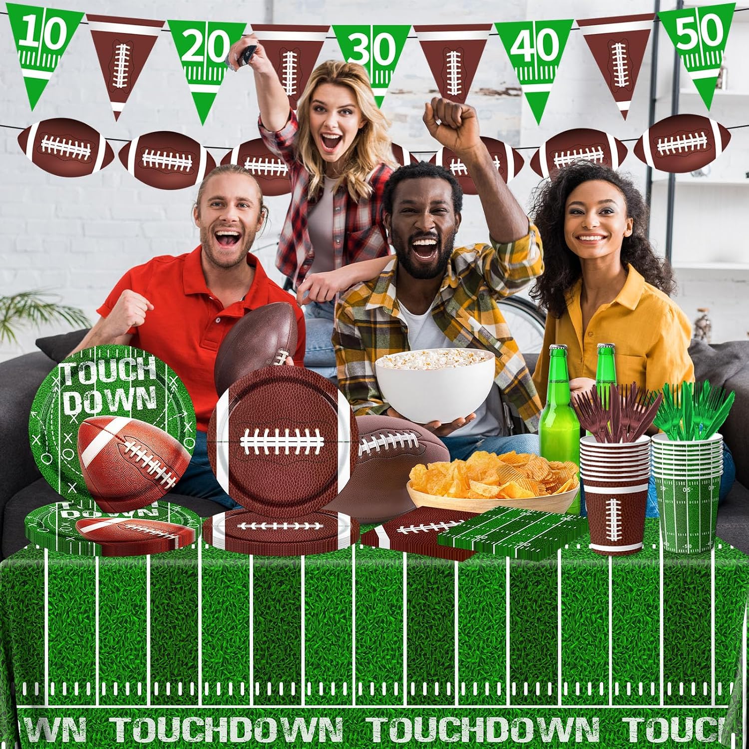 Football Party Supplies Kit Serve 25, 178Pcs Football Theme Party Decorations Includes Football Plates and Napkins Cups Banner Tablecloth for Football Birthday Game Day Tailgate Party Decorations - Image 2