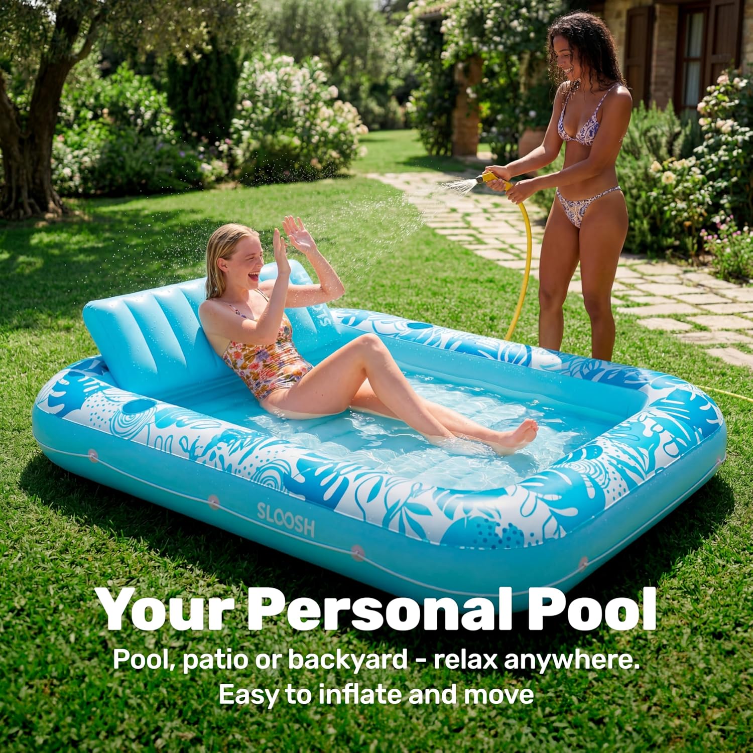 SLOOSH Inflatable Tanning Pool Lounger Float, 85" x 57" Extra Large Pool Floats Adult with Pillow, 4 in 1 Suntan Tub Raft Floatie,Sunbathing Bed Lounge for Water Blow Up Ball Pit Party Gifts, XL-Blue - Image 3