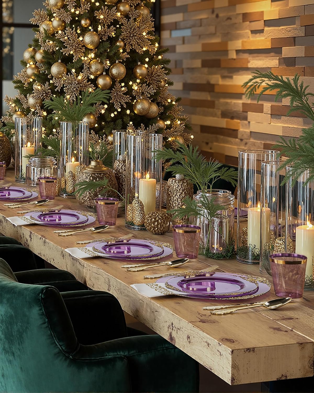 Nervure 175PCS Purple Plastic Plates - Disposable Purple Gold Party Plates & Pre Rolled Napkins with Cutlery for 25 Guests, 50Plates, 75Silverware, 25Cups, 25Napkin for Wedding & Party - Image 4
