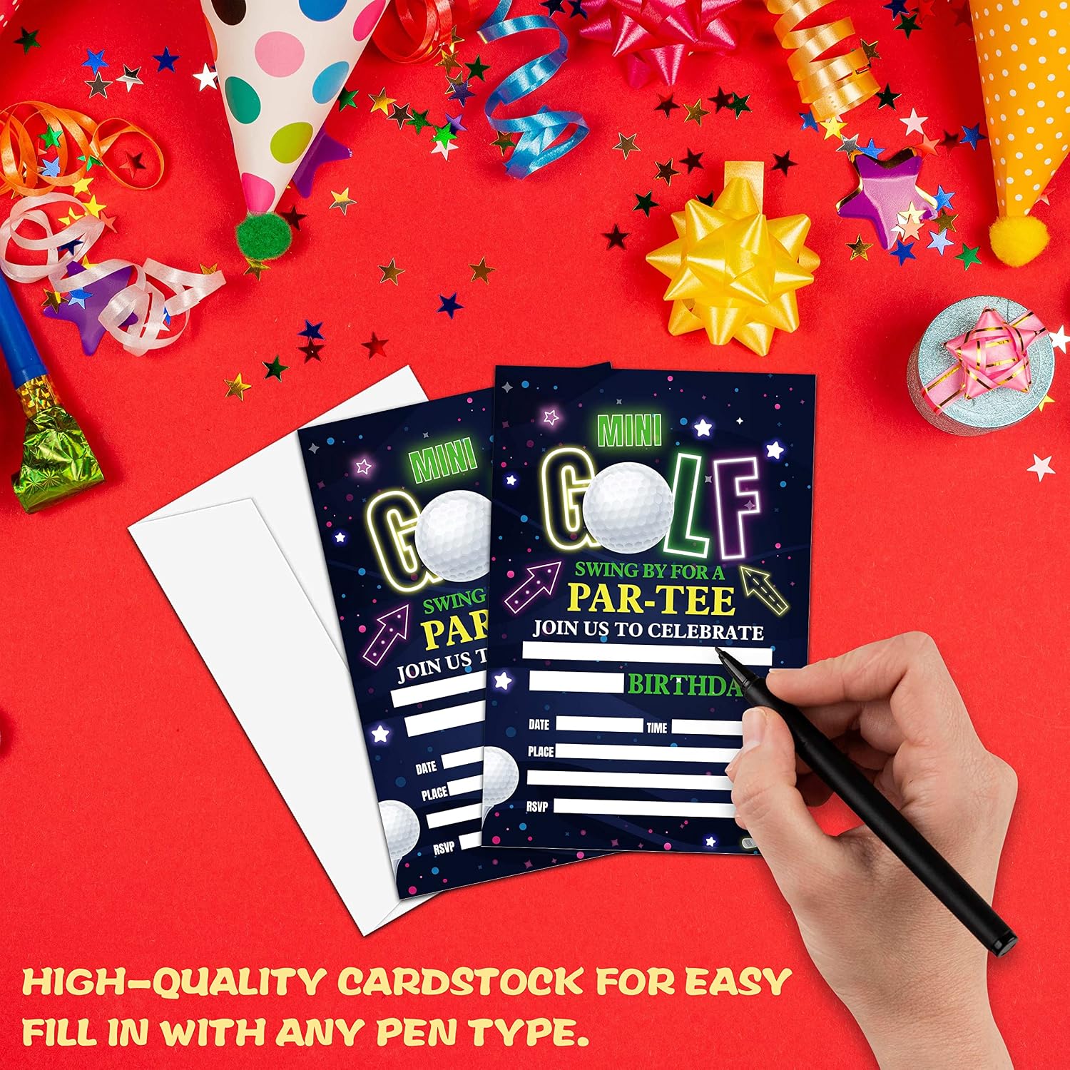 Golf Birthday Party Invitation, Mini Golf Themed Fill-In Invites, 20 Invitations With Envelopes for Friends (4" X 6"), Neon Glow Party Favors Decorations and Supplies -47 - Image 4