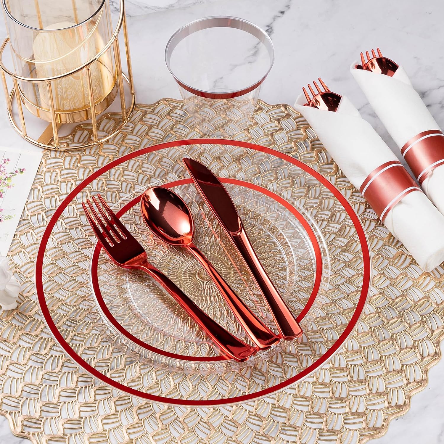 Goodluck 350 Piece Red Plastic Dinnerware Set for Party, Clear Disposable Plates for 50 Guests, Includes 100 Plates, 50 Pre Rolled Napkins with Cutlery Set, 50 Cups for Graduation, Wedding, Christmas - Image 5