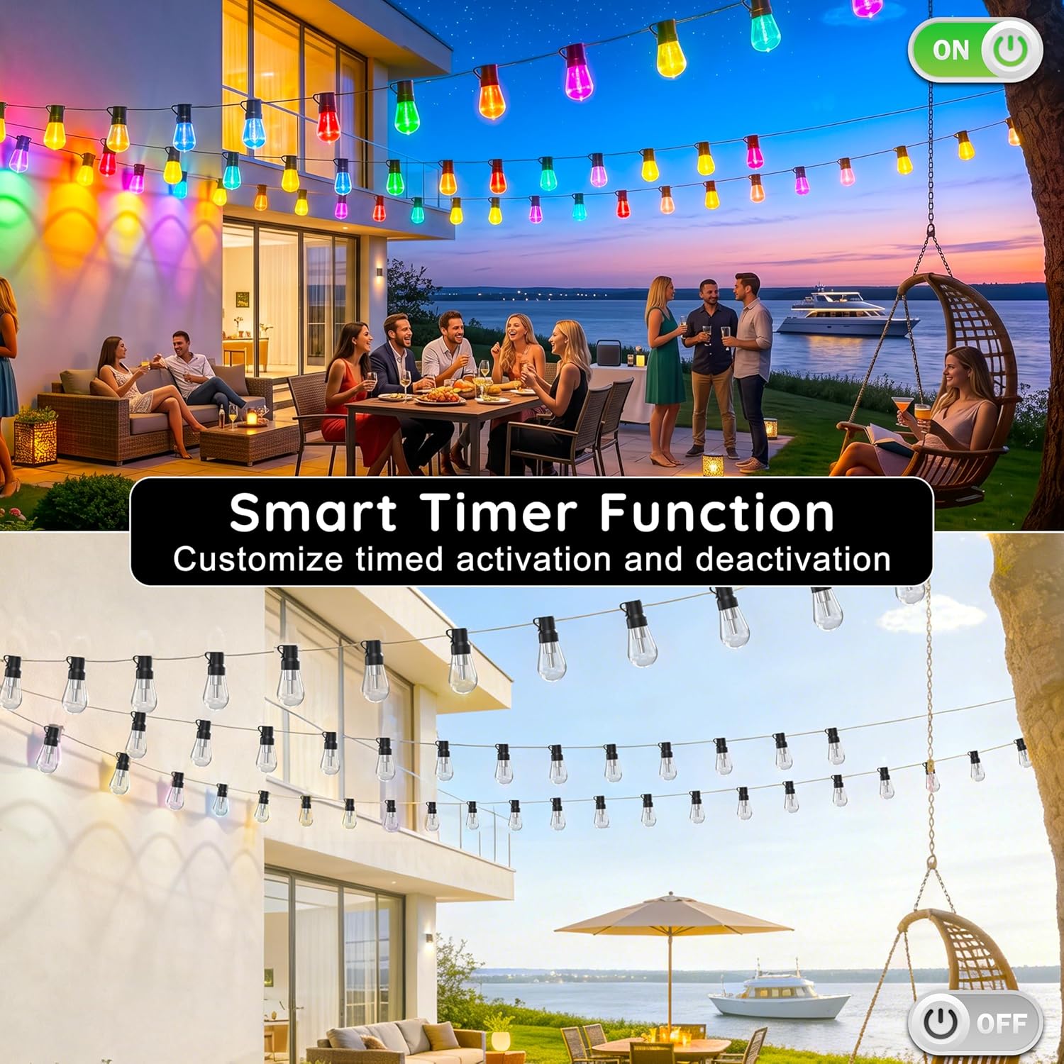 300FT RGB+IC Outdoor String Lights, Dimmable Shatterproof LED Bulbs, IP67 Waterproof DreamColor Chasing Lights, Multicolor Dynamic Lighting for Patio Balcony Garden & Outdoor Living Area Decoration - Image 5