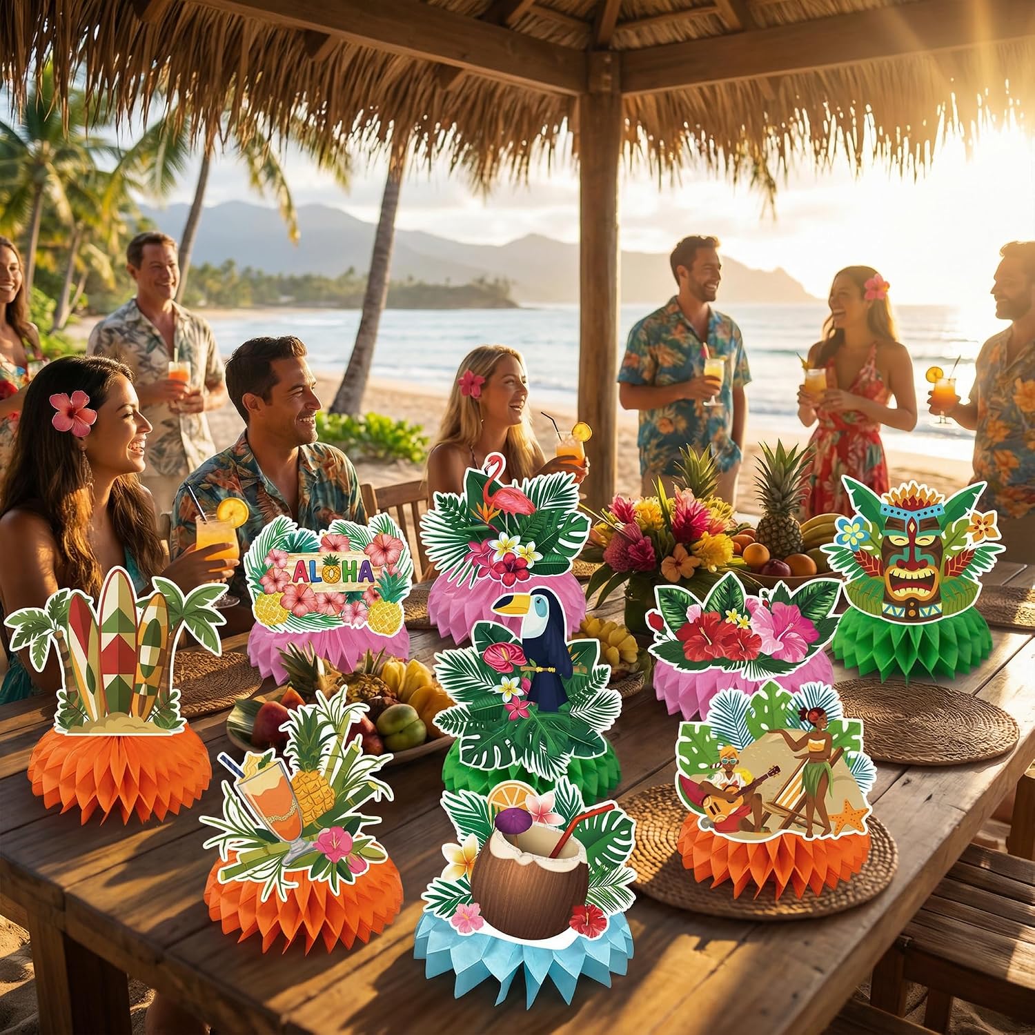Luau Party Decorations - 9 PCS Hawaiian Honeycomb Table Centerpiece for Tiki and Love Island Hawaiian Theme Party Favors Supplies | Tropical Party Decorations for Summer Beach Pool Birthday Wedding - Image 6