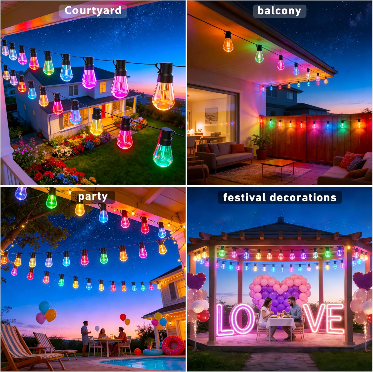 300FT RGB+IC Outdoor String Lights, Dimmable Shatterproof LED Bulbs, IP67 Waterproof DreamColor Chasing Lights, Multicolor Dynamic Lighting for Patio Balcony Garden & Outdoor Living Area Decoration - Image 6