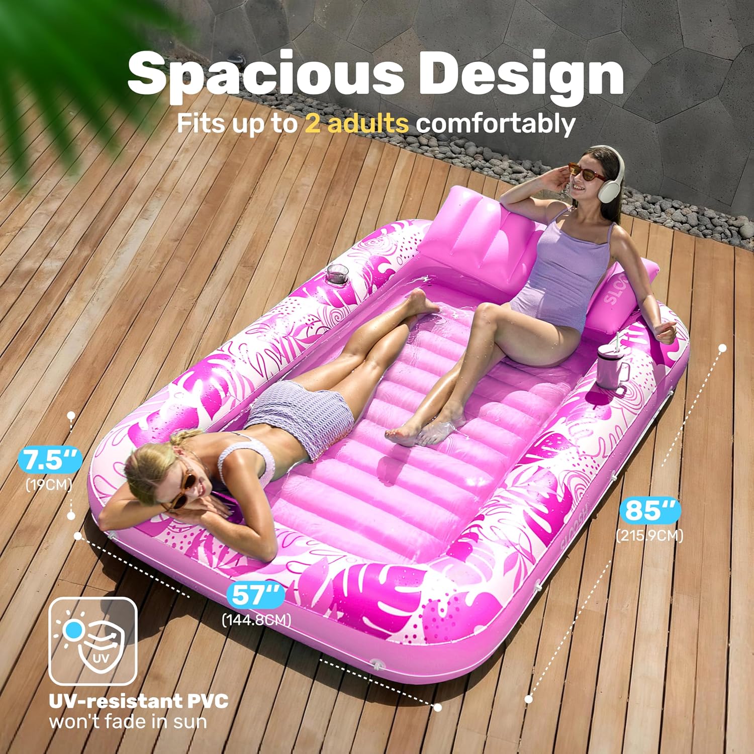 SLOOSH Inflatable Tanning Pool Lounger Float, 85" x 57" Extra Large Pool Floats Adult with Pillow, 4 in 1 Suntan Tub Raft Floatie,Sunbathing Bed Lounge Blow Up Ball Pit Party Gifts, XL-Hot Pink - Image 2