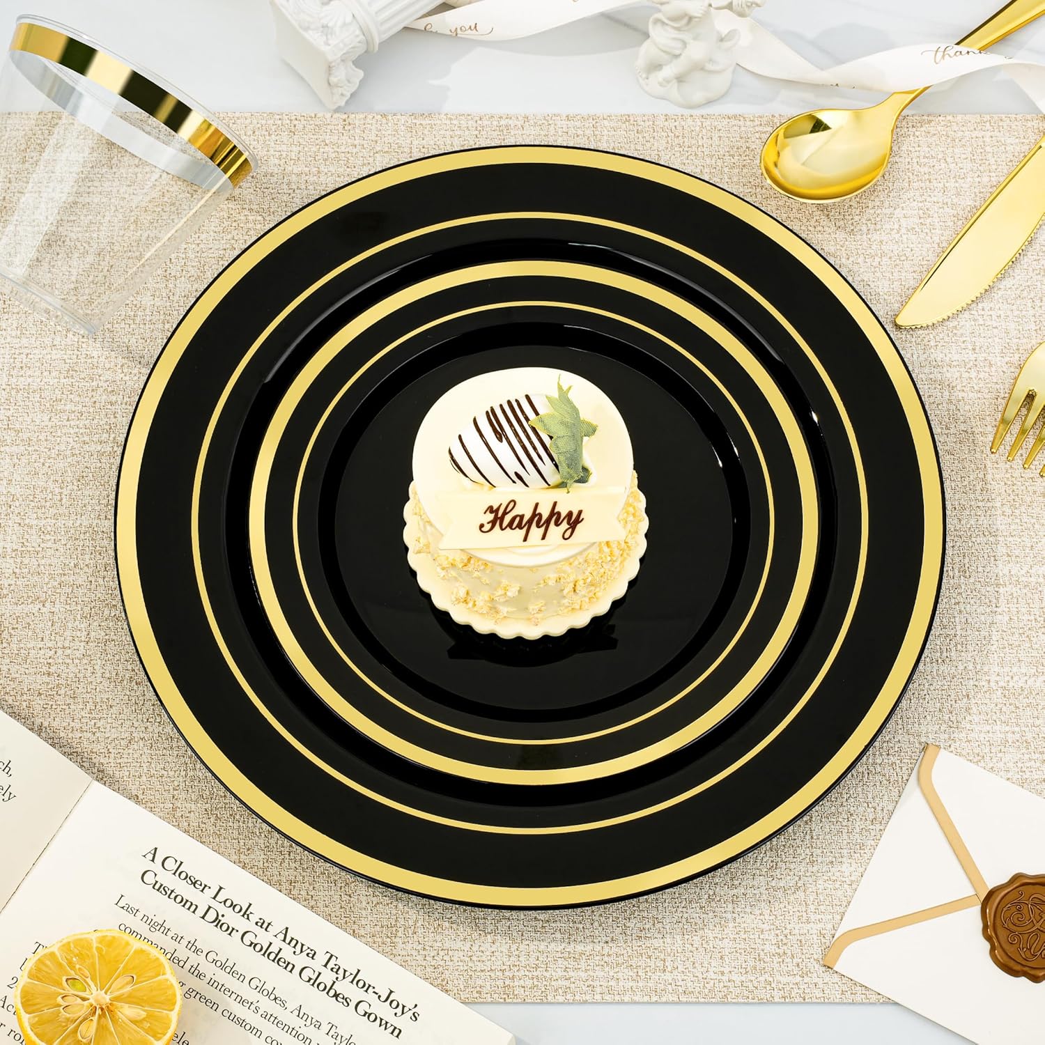BESTVIP 600PCS Black Gold Dinnerware Set for 100 Guests, Plastic Plates for Halloween Party and Christmas, 100 Disposable Plates, 100 Dessert Plates, 100 Cups, 100 Spoons, 100 Forks and 100 Knives - Image 2