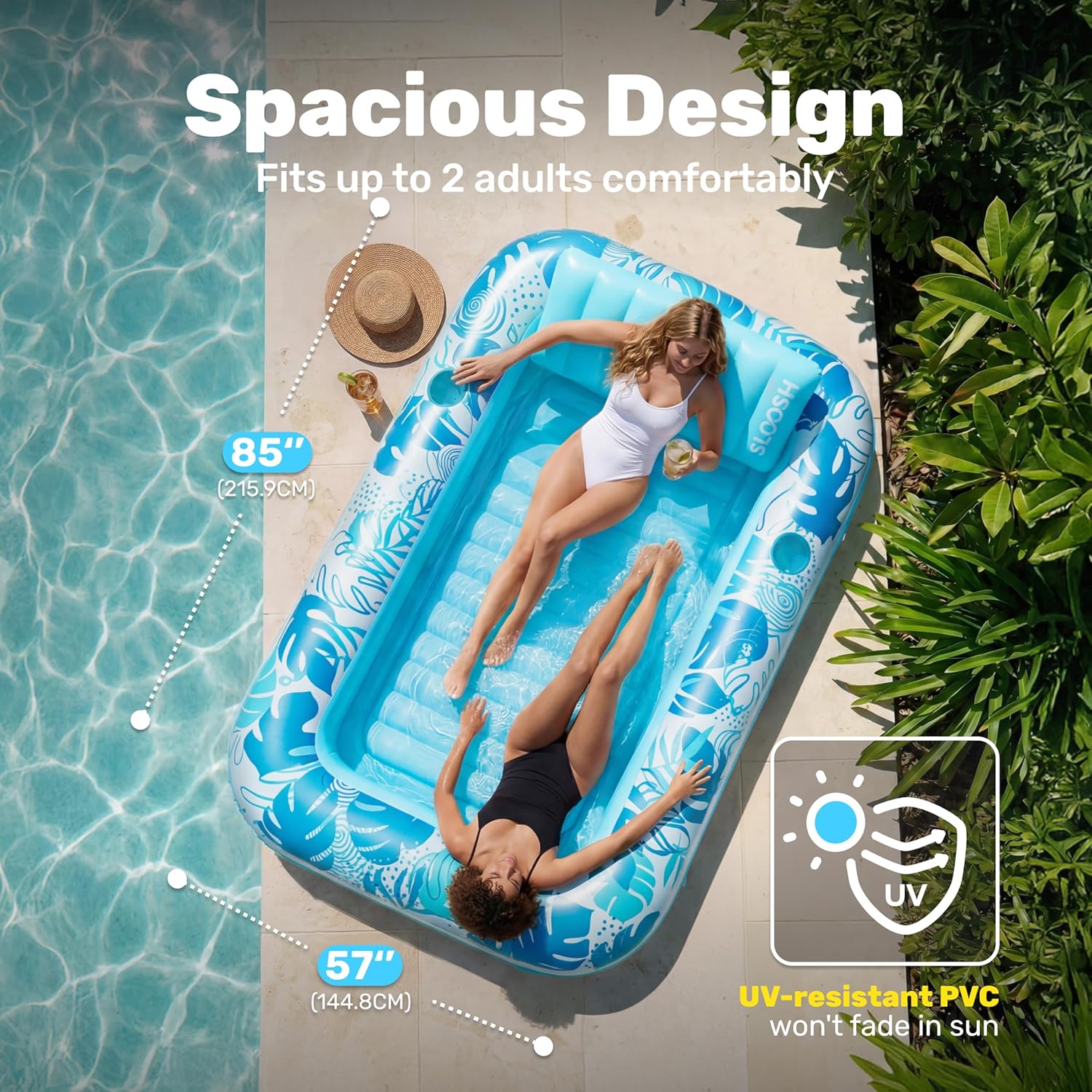 SLOOSH Inflatable Tanning Pool Lounger Float, 85" x 57" Extra Large Pool Floats Adult with Pillow, 4 in 1 Suntan Tub Raft Floatie,Sunbathing Bed Lounge for Water Blow Up Ball Pit Party Gifts, XL-Blue - Image 2