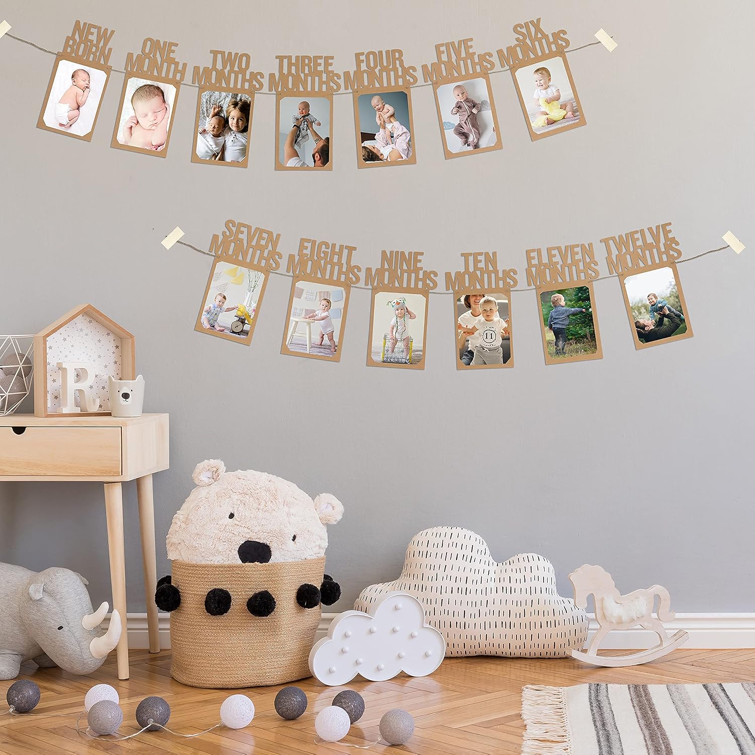 PartyHooman 1st Birthday Photo Banner for Baby from Newborn to 12 Months, First Birthday Decorations Boy or Girl Monthly Milestones Garland | 1 Year Old Photo Banner Pre-strung with Frame (Kraft) - Image 6